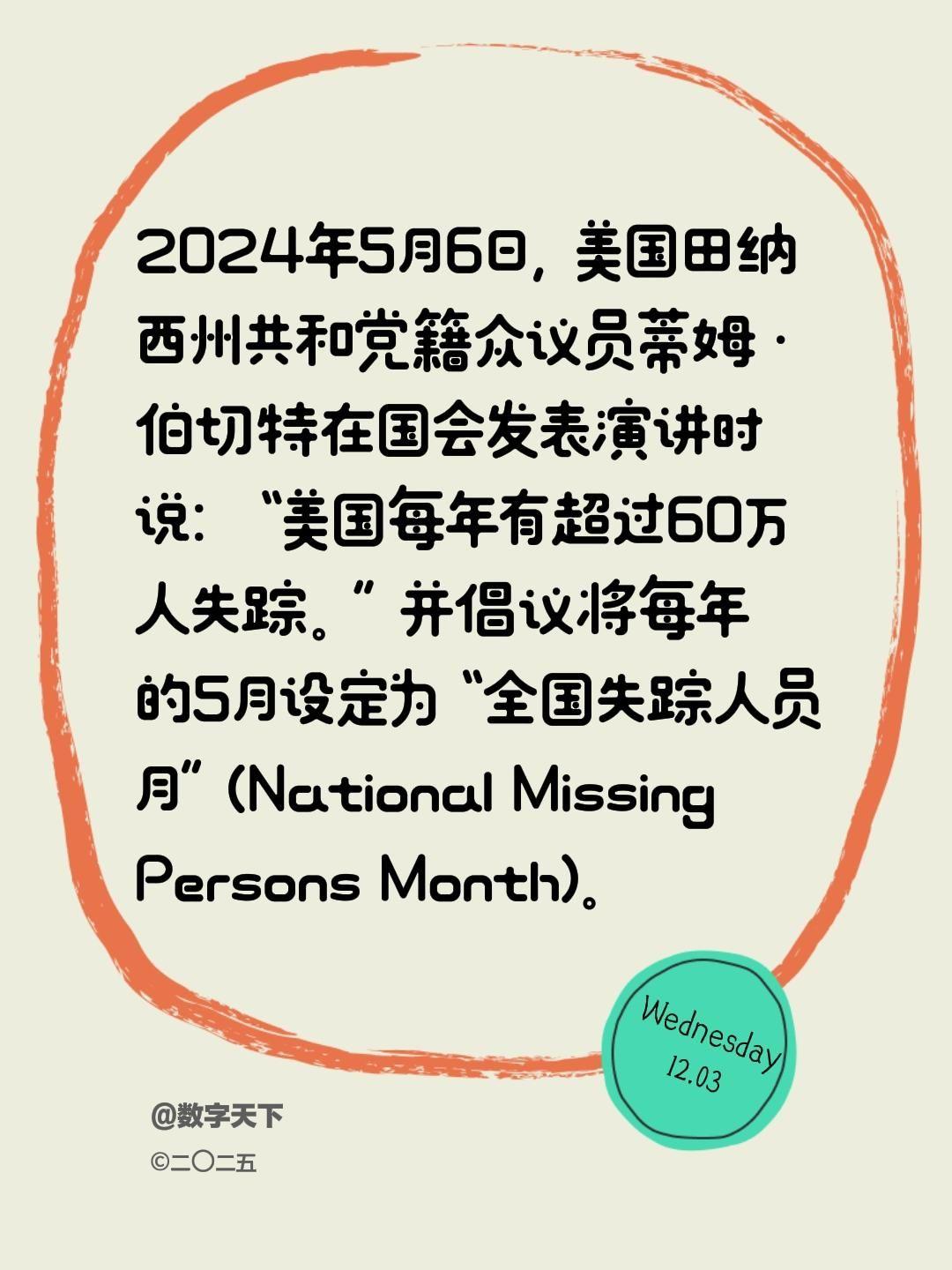 2024年5月6日，美国田纳西州共和党籍众议员蒂姆·伯切特在国会发表演讲时说：“