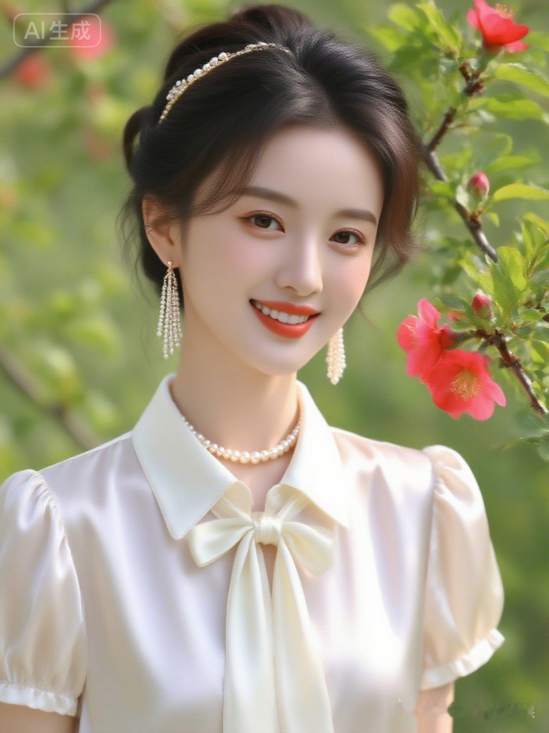 年轻女子立于绿叶间，粉花点缀身旁。肤白胜雪，盘发微松带慵懒，乳白色丝绸雪纺衫飘带