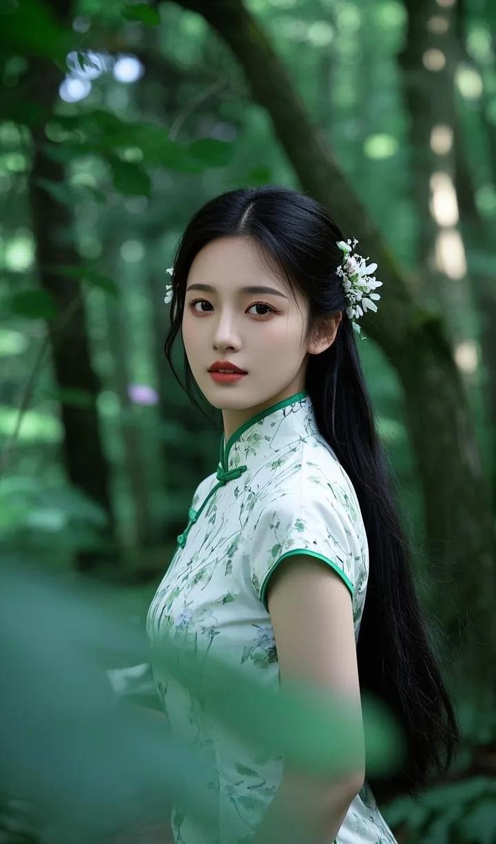 穿越时光的汉服少女，静立在森林之中，宛如仙境如画佳人 唯美流光美人 古典倩影 古