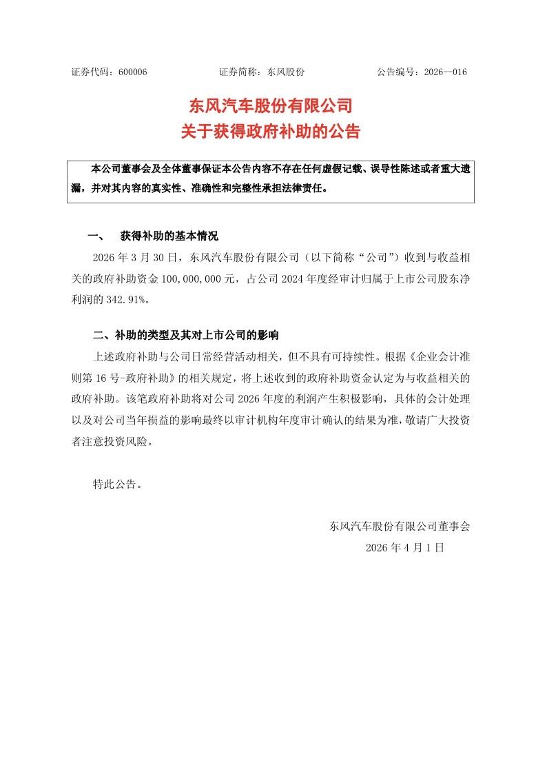 东风公司亿元政府补贴到账
日前，东风汽车发布公告，宣布近日成功收到一笔与日常经营