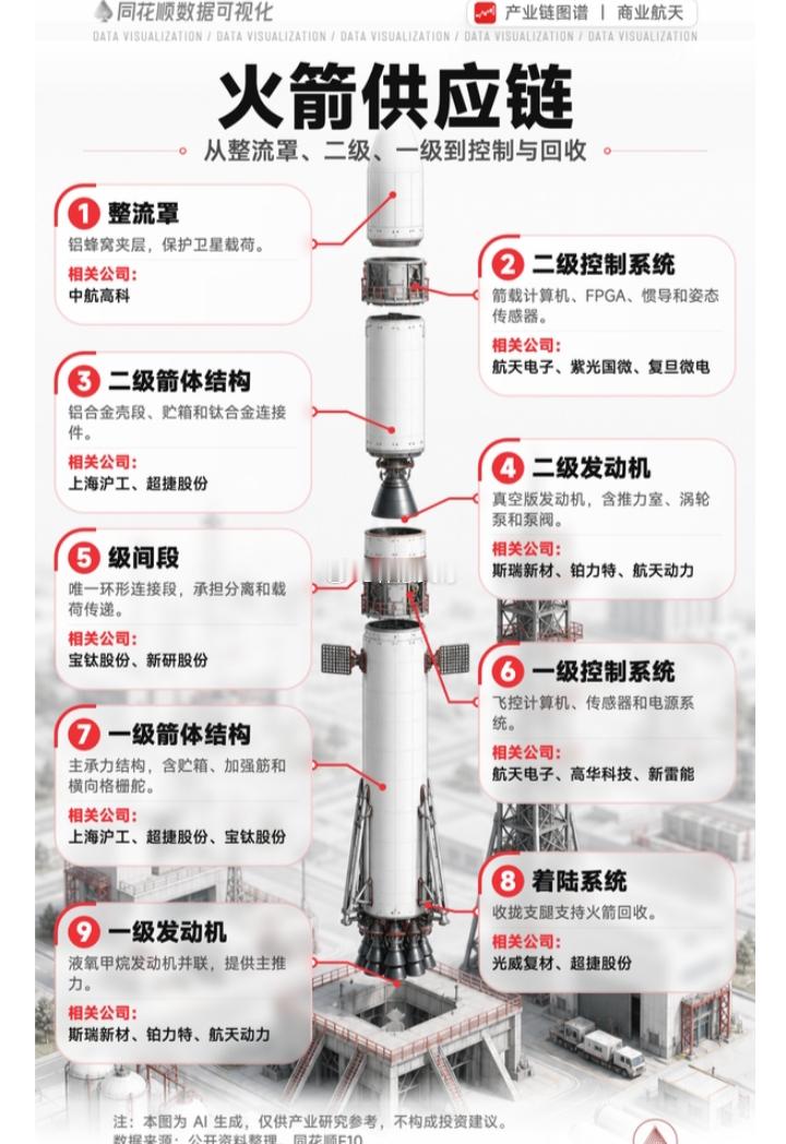 火箭供应链构成（从整流罩到回收系统）1. 整流罩采用铝蜂窝夹层结构，用于保护卫星