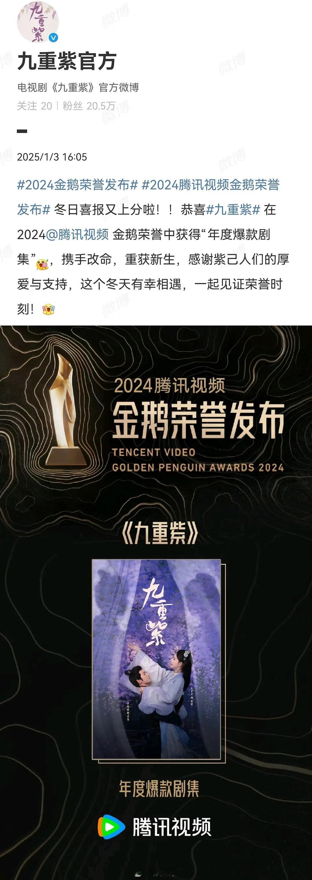 孟子义、李昀锐《九重紫》获得年度爆款剧集 