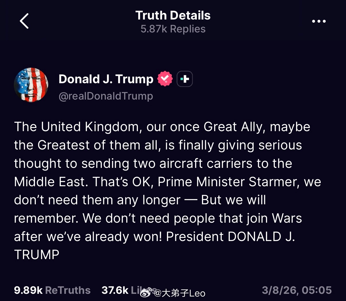 特朗普对斯塔默表示，这事我记着英国，我们曾经伟大的盟友，或许是最伟大的盟友，终于