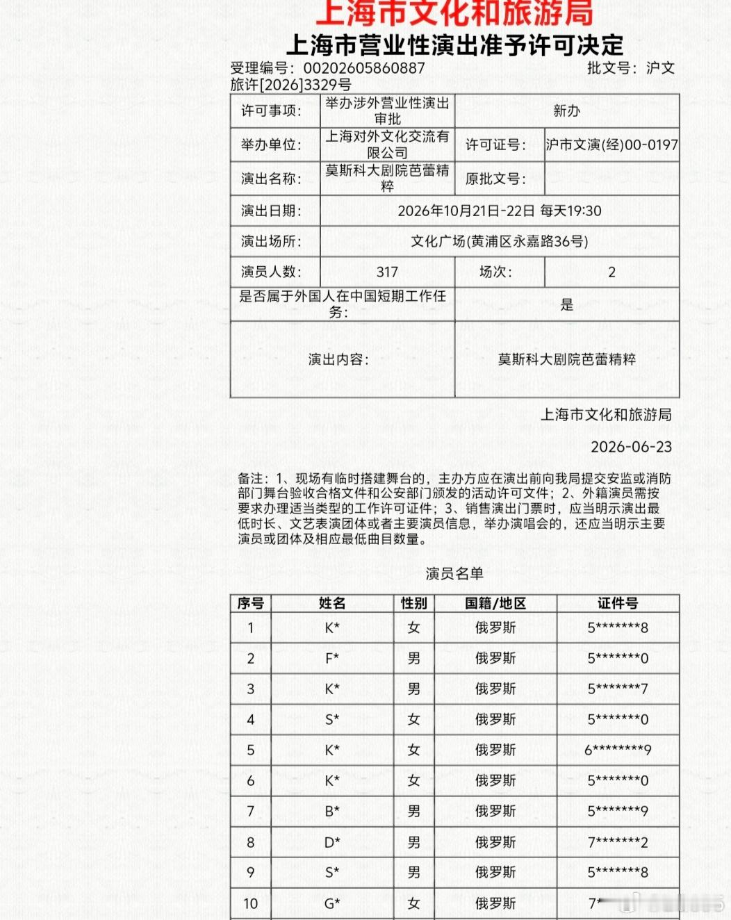 莫斯科大剧院今年十月在上海gala的批文，目前是来317人，有舞团乐团工作人员。