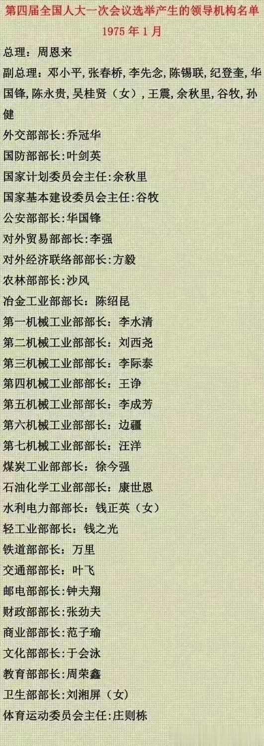 周总理作为最后一任总理的，第四届全国人大一次会议选举产生的领导机构名单，副总理有