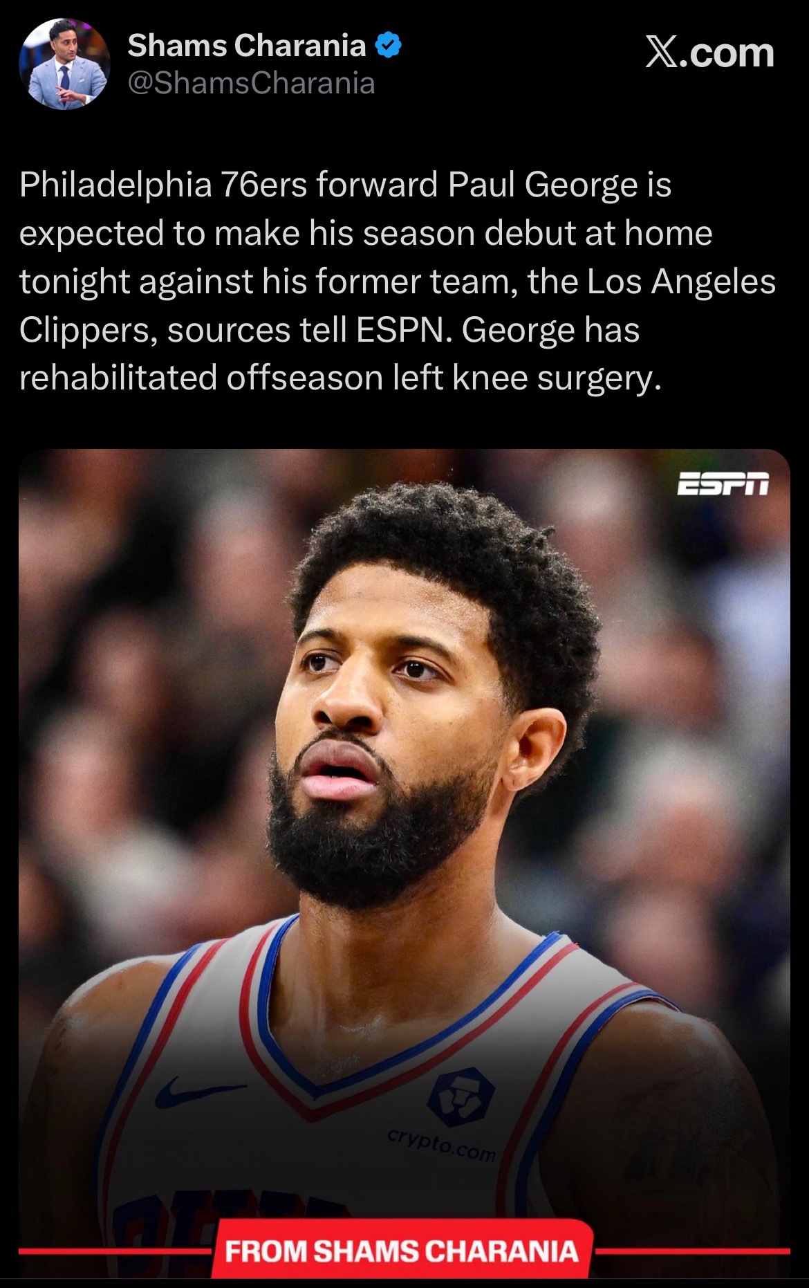 Shams：乔治预计将在今晚主场对阵老东家洛杉矶快船队的比赛中完成赛季首秀。 