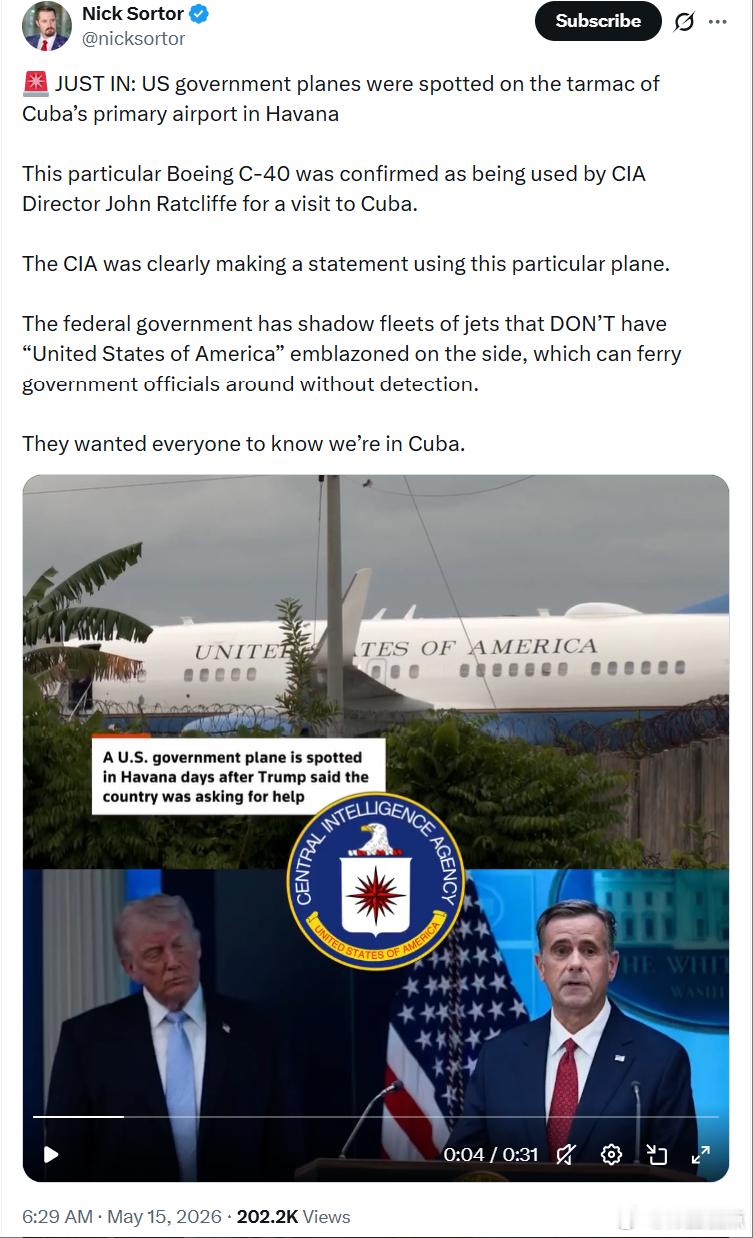 美国政府飞机被发现停在古巴首都哈瓦那主要机场的停机坪上。这架波音C-40飞机已被
