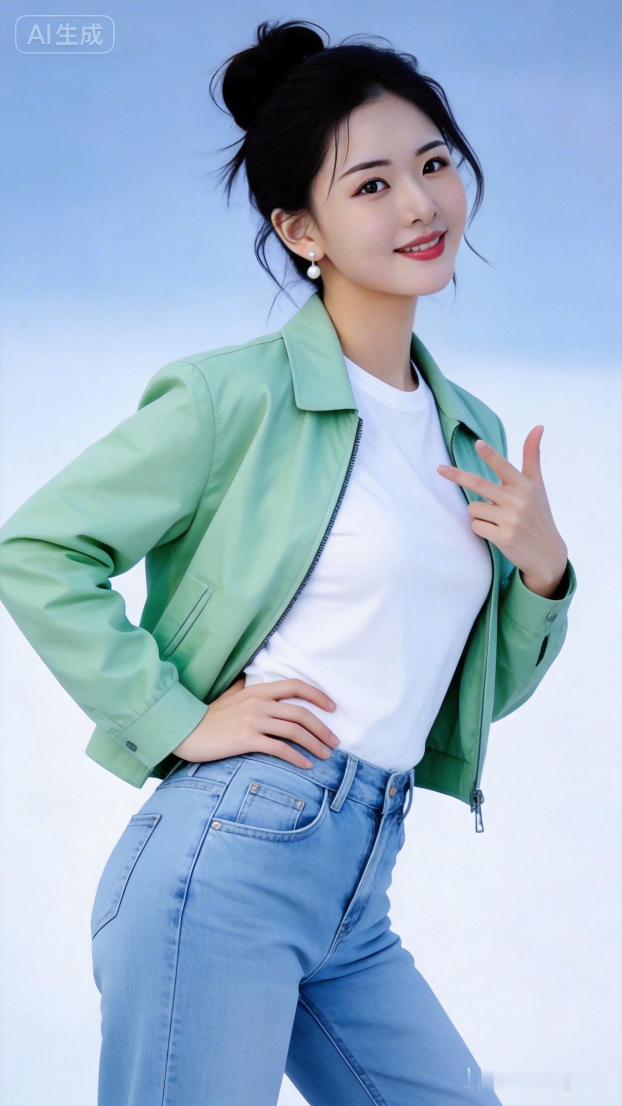 这位美女在比“耶”的手势，真可爱！