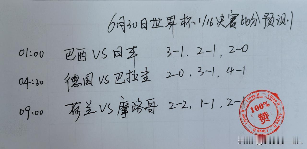 世界杯6月30日比赛前瞻（比分预测仅供娱乐，不构成任何投注建议）

1、巴西VS