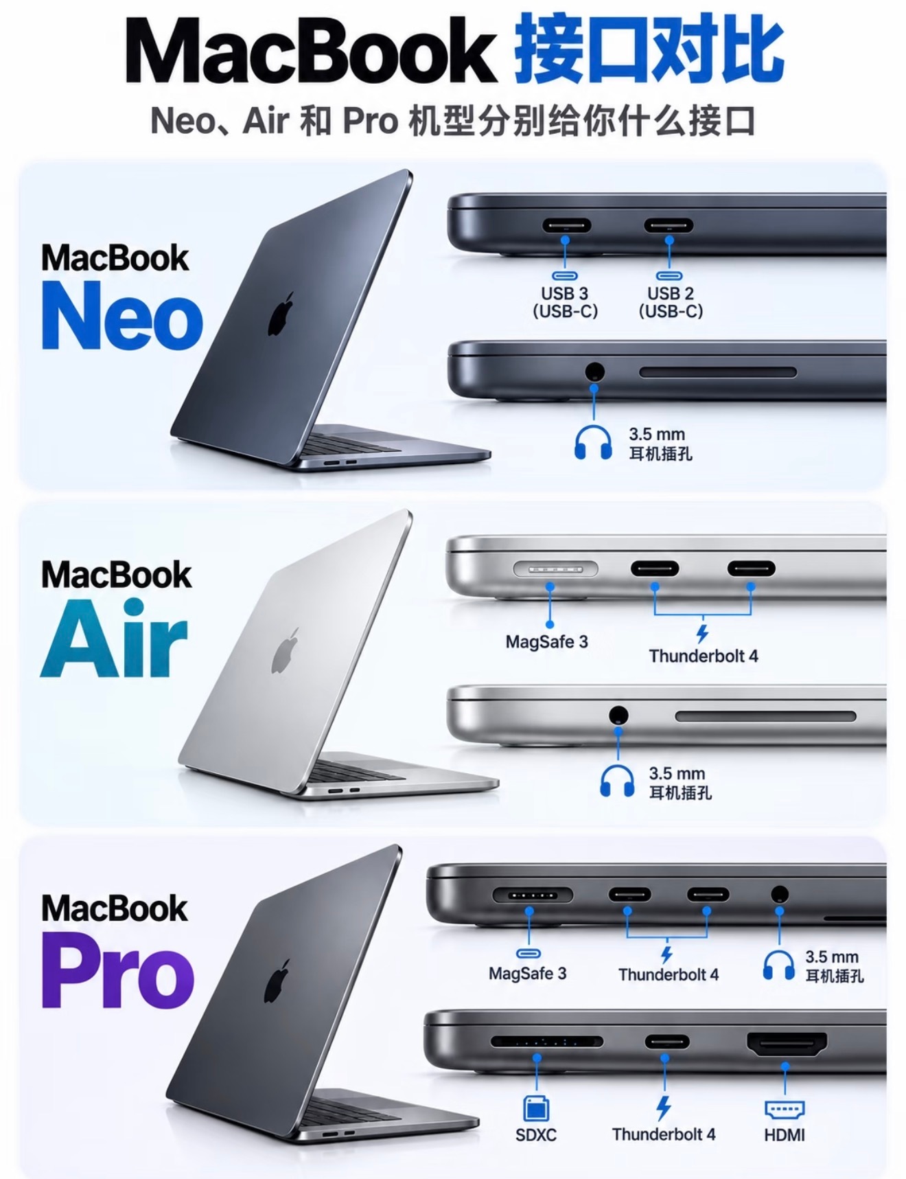 MacBook接口差距有多大？Neo配备USB-C+3.5mm耳机孔，满足基础使