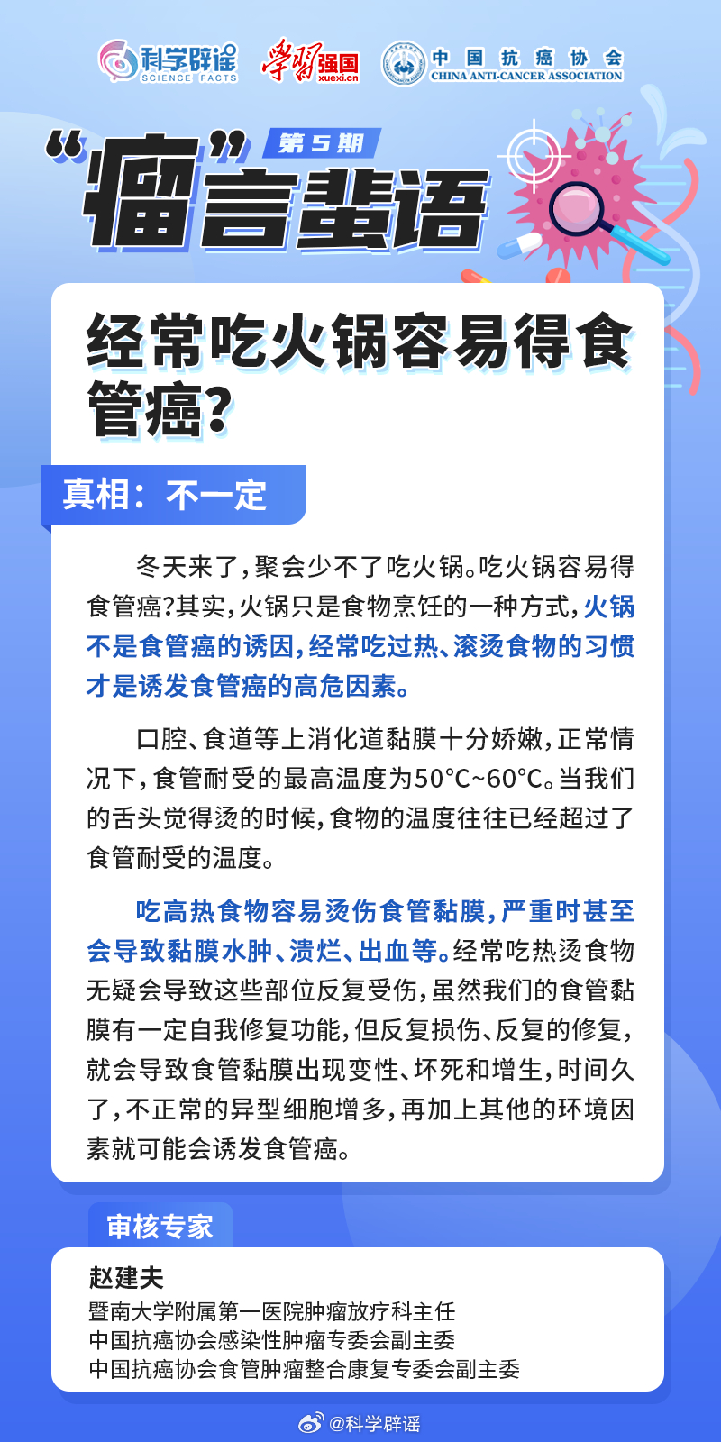 #瘤言蜚语##向肿瘤说拜拜# 【经常吃火锅容易得食管癌？】火锅不是食管癌的诱因，