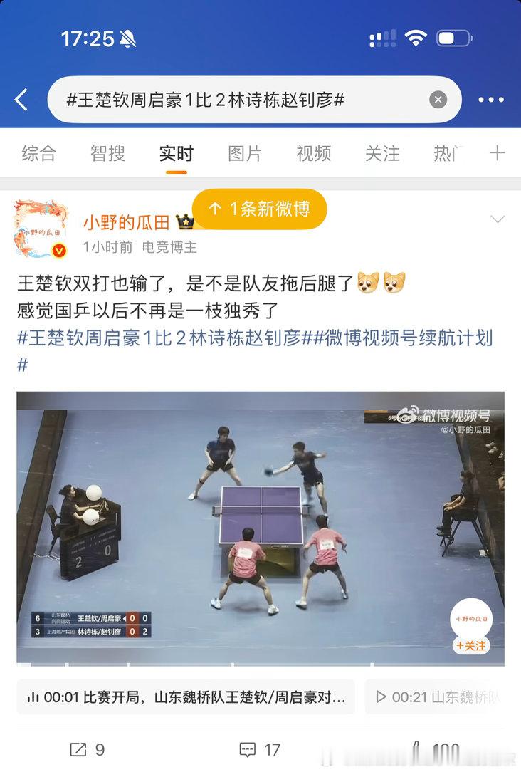 “王楚钦双打也输了，是不是队友拖后腿了”周启豪2:1林诗栋了，所以是谁的问题呀，