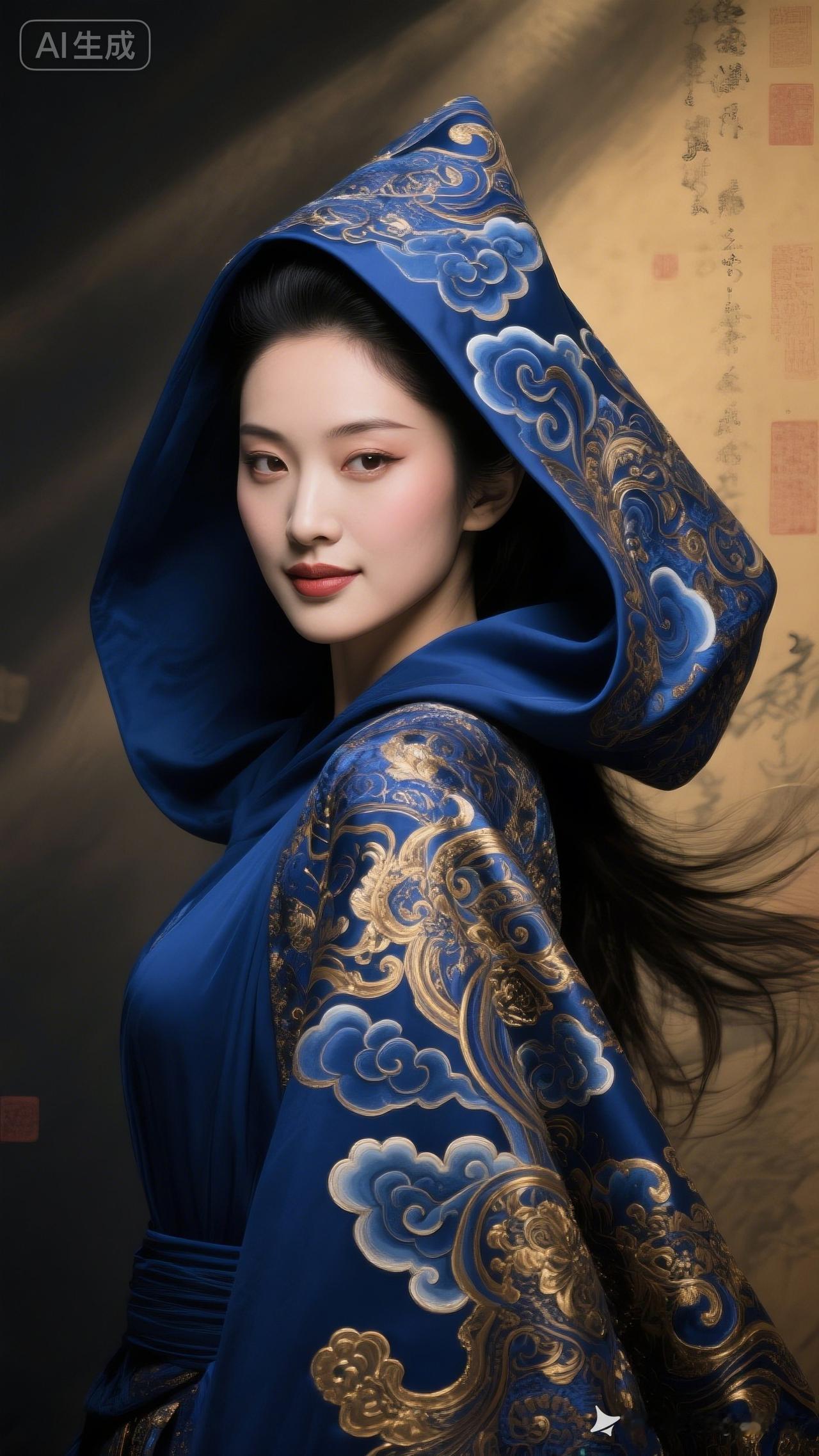 神秘的蓝衣女子，古典与现代的完美结合。