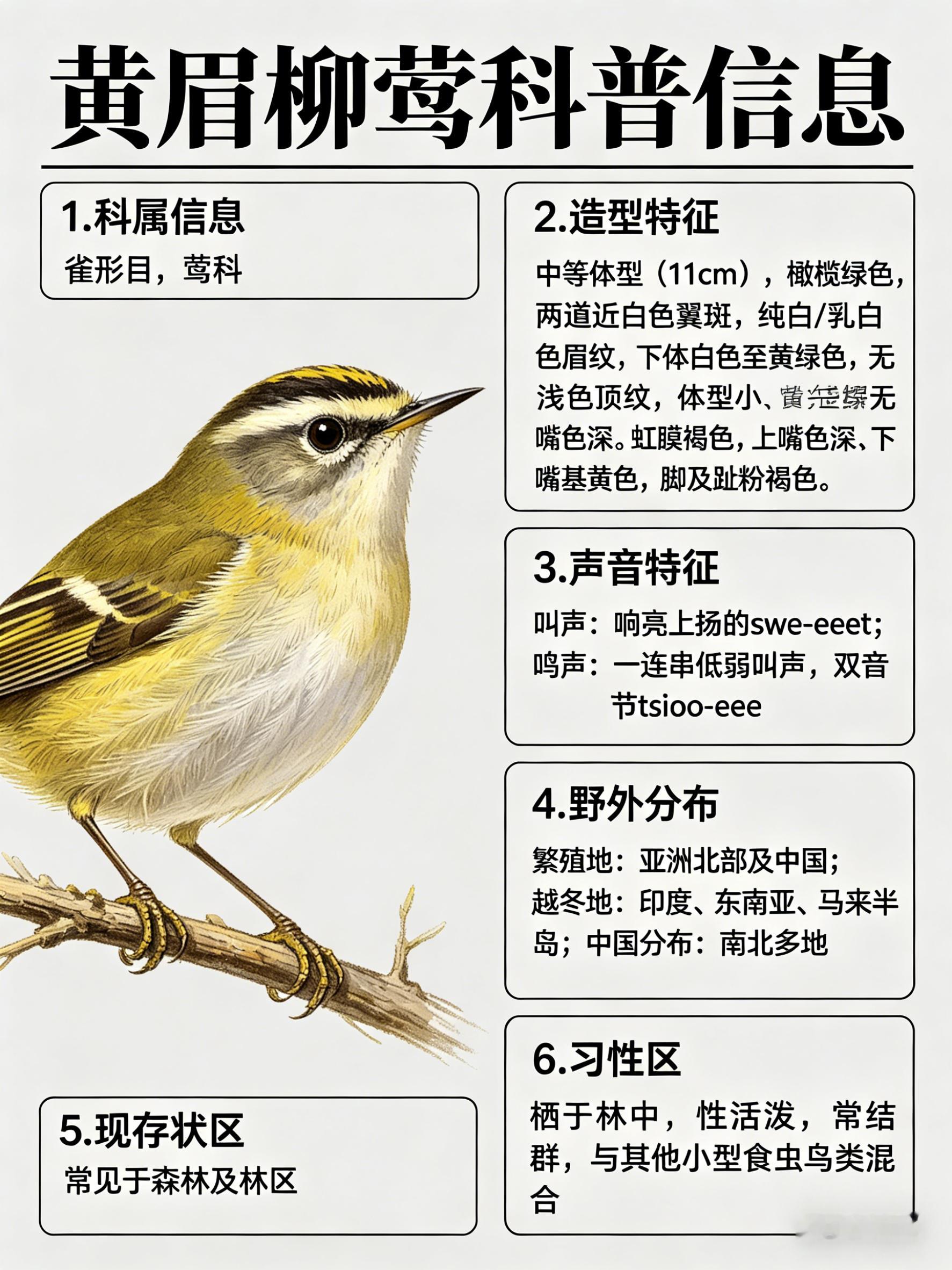 鸟类朋友图鉴 黄眉柳莺·科属：雀形目，莺科。·外形特征：中等体型（11cm）的橄