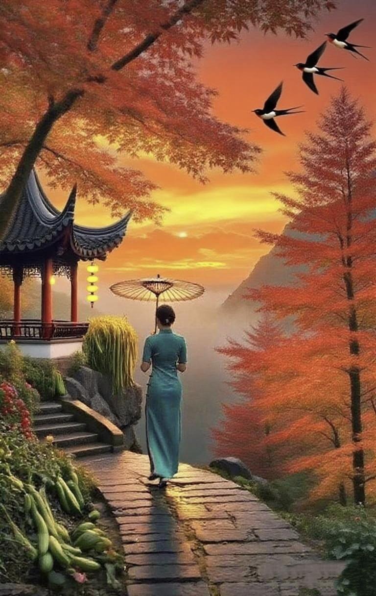 上联：秋水含情霞醉客，
下联：春山着意月留人，
下联：幽林藏韵鸟啼晨。