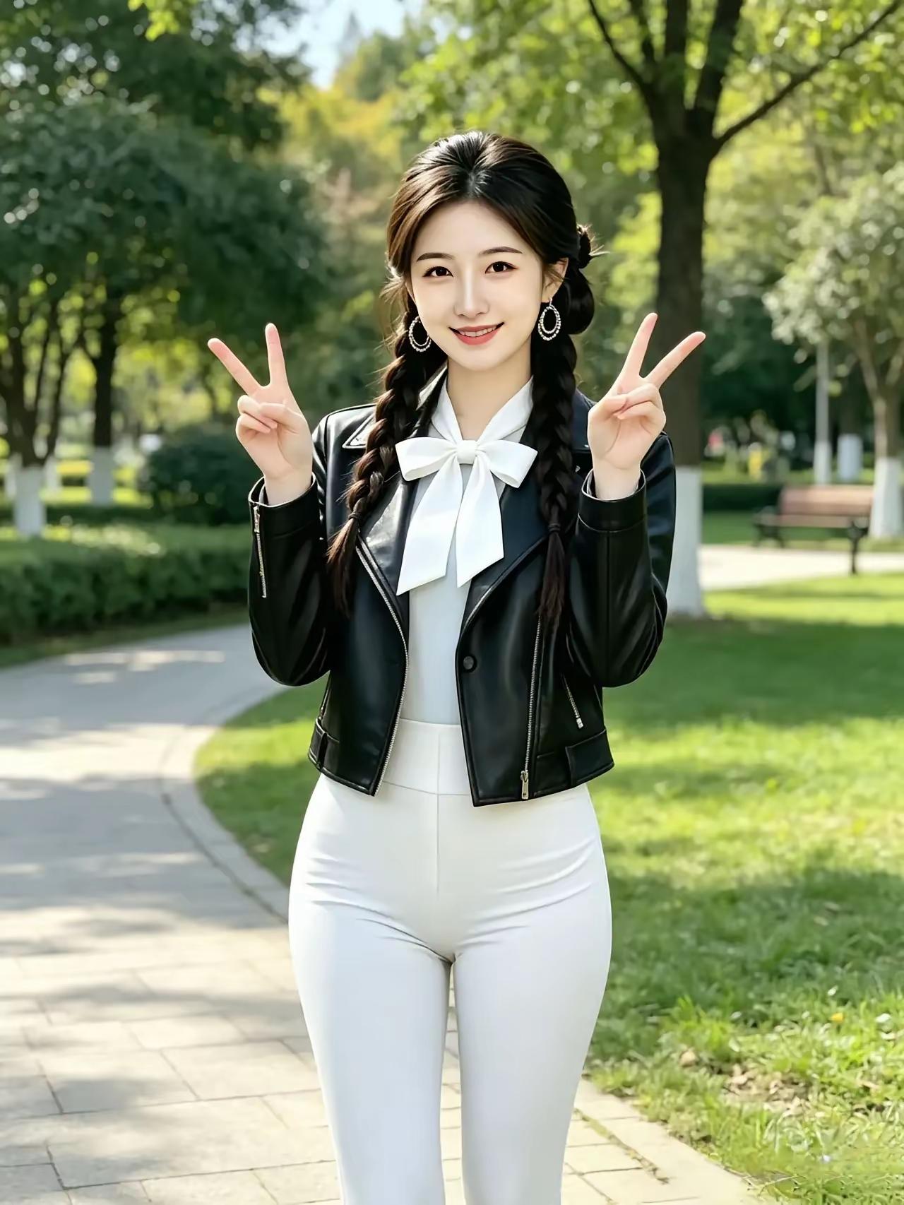 这位小姐姐在公园里比出V字手势。