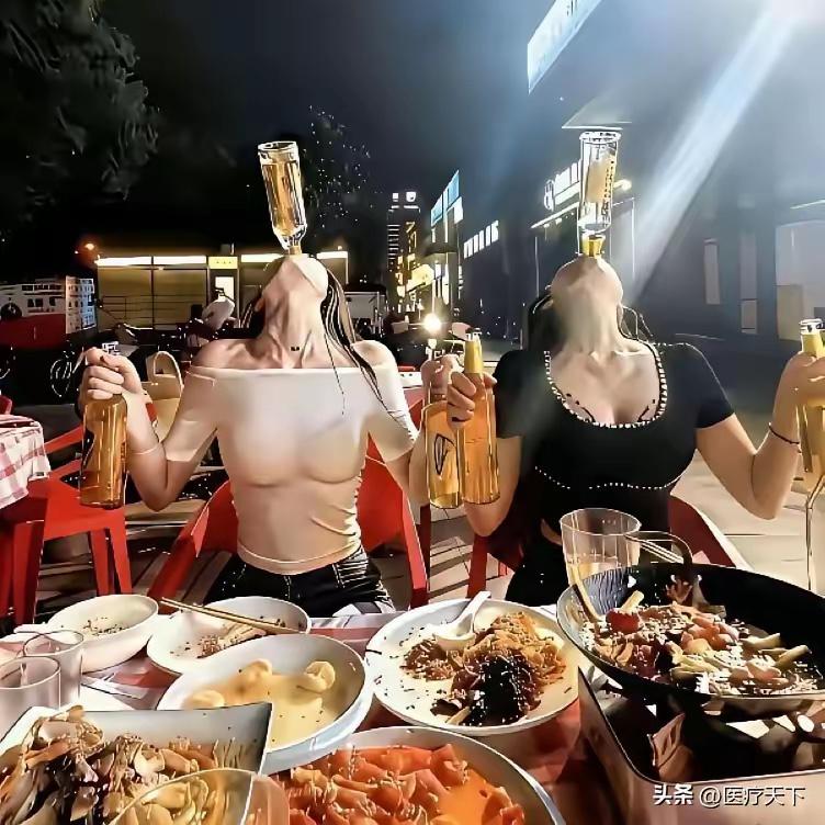 昨晚大排档算是开了眼——隔壁桌两位热辣美女，一位吊带卷发及腰，另一位露脐装配高腰