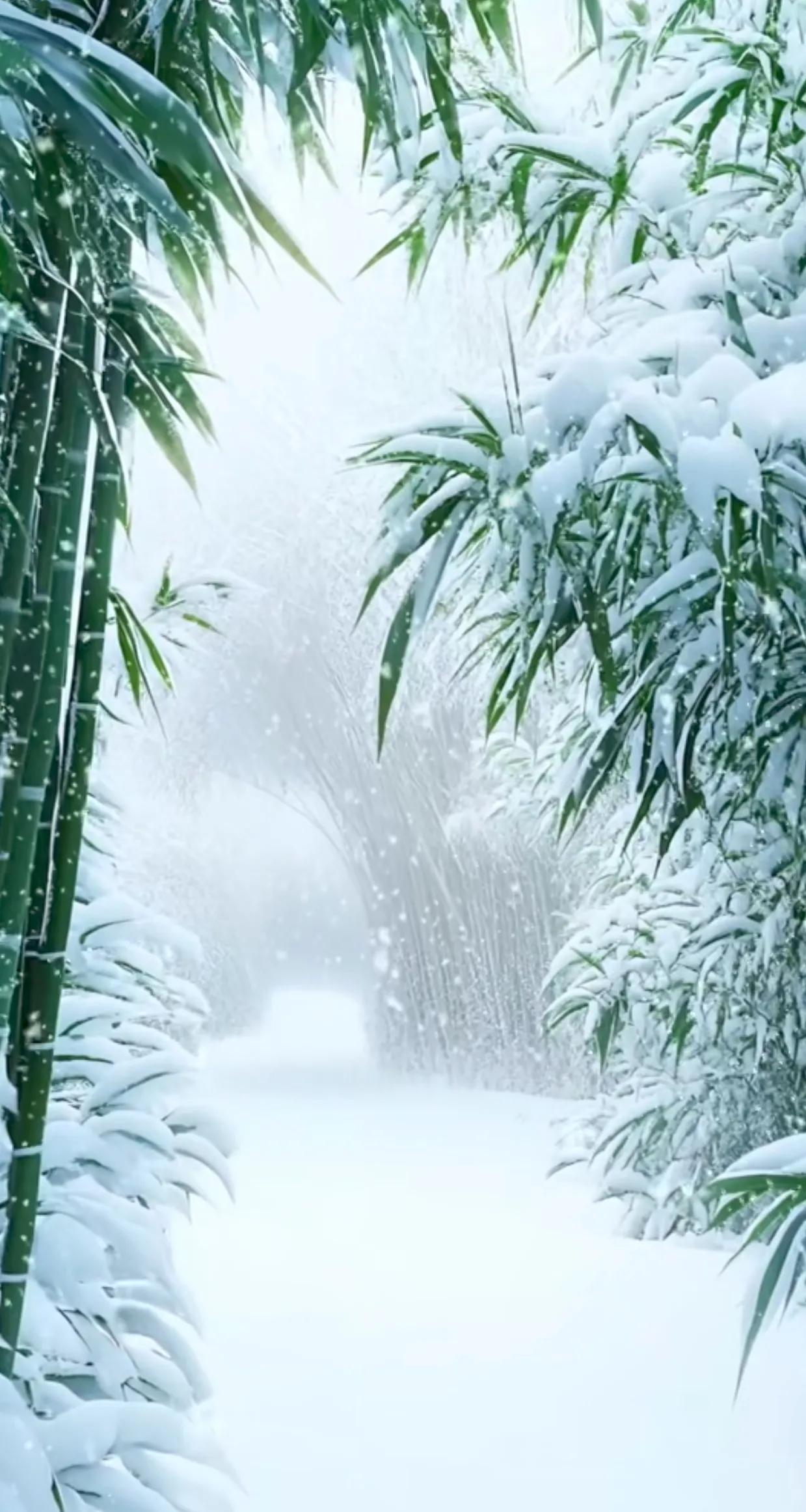 竹林雪景如诗如画，冰雪覆盖竹子，仍显翠绿；风骨傲霜，花朵更显娇艳。冬日韵味悠长，