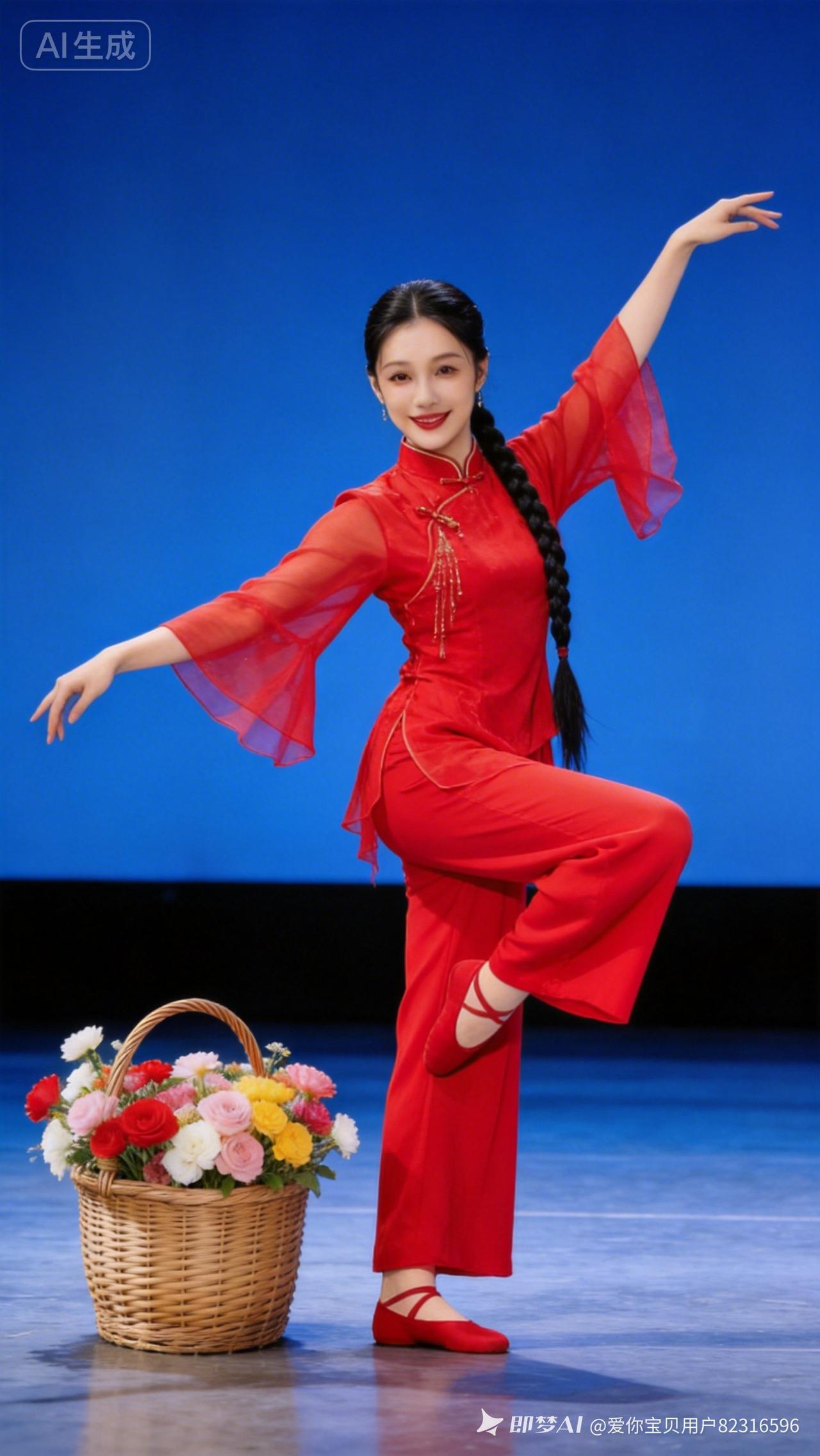 惊艳的红色舞蹈裙，优雅舞姿，花篮相伴，美不胜收！