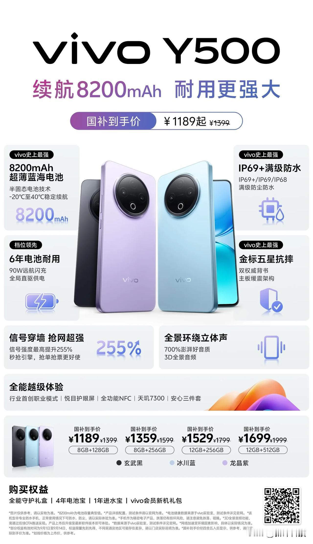 Y500国民神机正式发布：

1.搭载蓝厂最大容量8200mAh电池，能量密度8