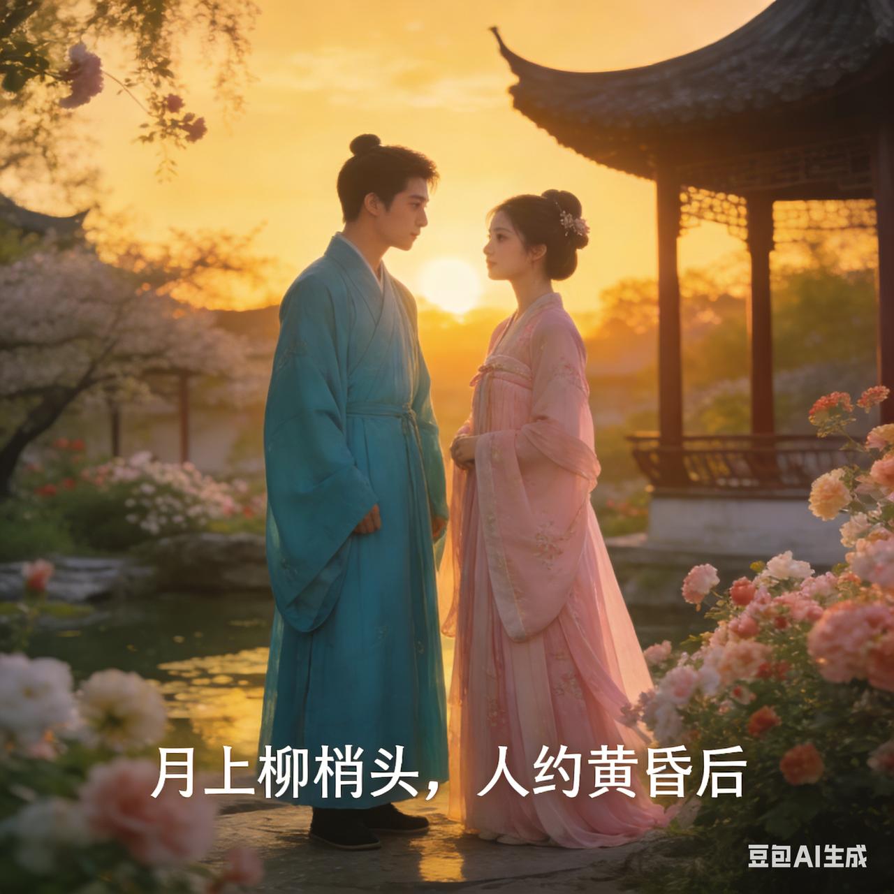 亲爱的，躲在树后是你吗？
河边柳树下，张生坐在一块青石上，抬头望月。那月儿好像云