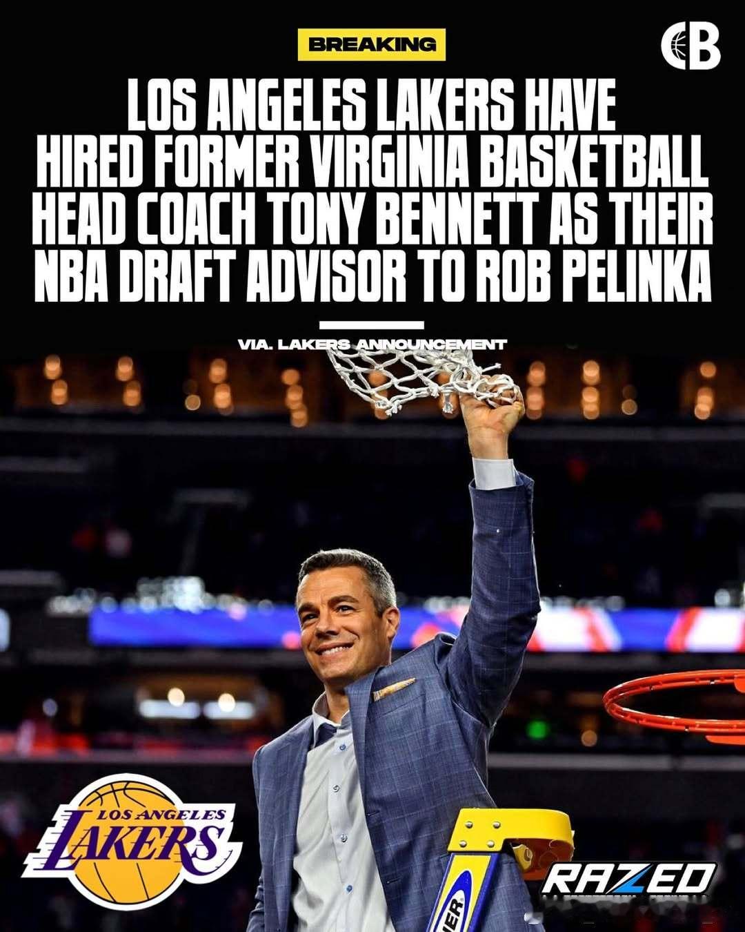 洛杉矶湖人已聘请三届NCAA年度最佳教练、2019年NCAA总冠军教头托尼·贝内