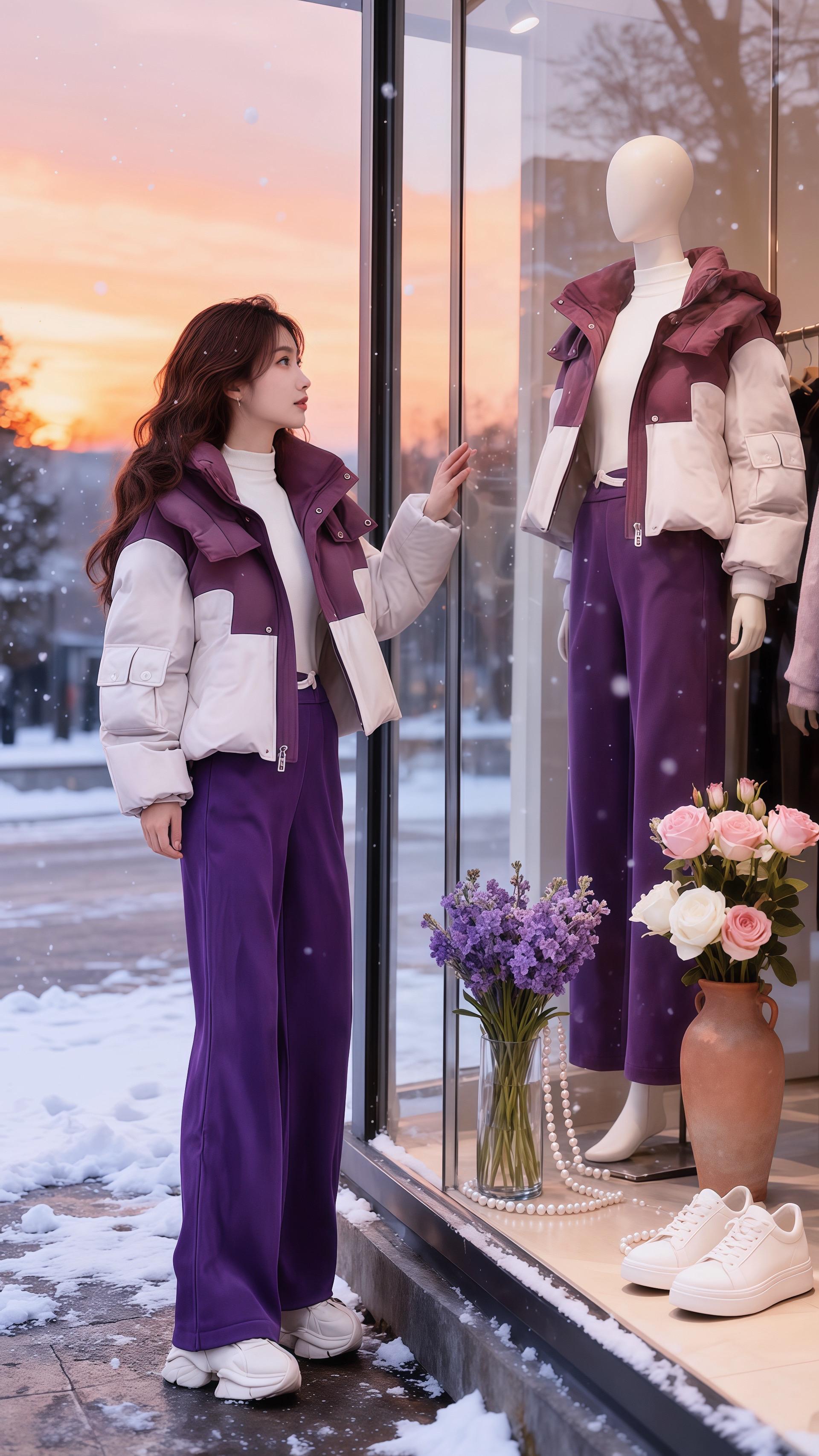 《冬日紫调：在雪与晚霞里的穿搭浪漫》雪簌簌落下，晚霞把天空晕成橘子汽水...