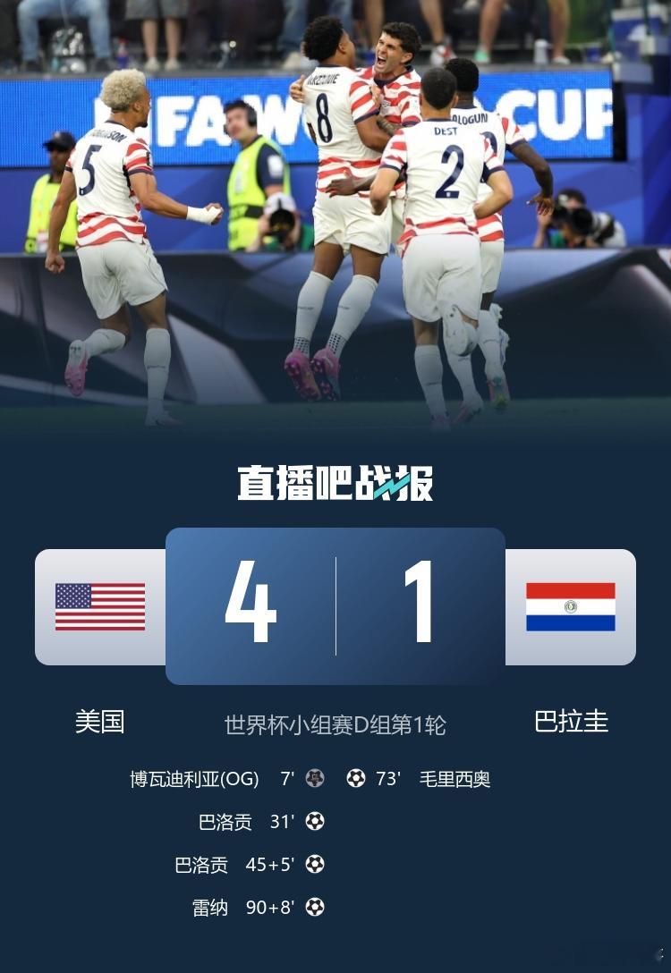 开门红！美国4-1巴拉圭 巴洛贡首秀双响麦肯尼造乌龙普利西奇助攻2026年世界杯