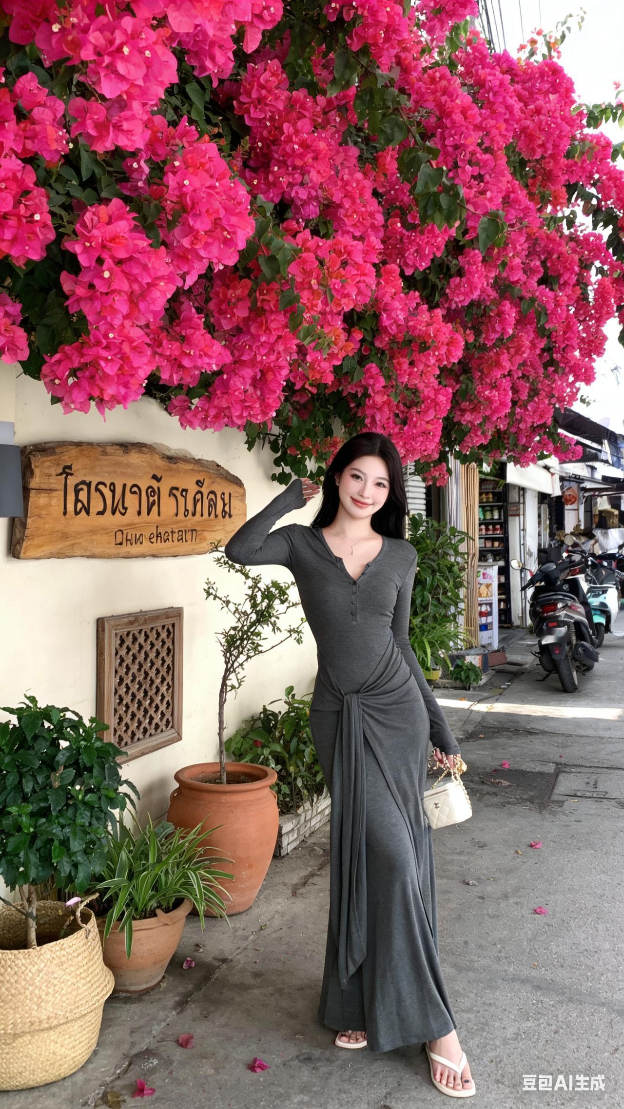 粉黛花丛中，优雅女子行，泰国风情浓。