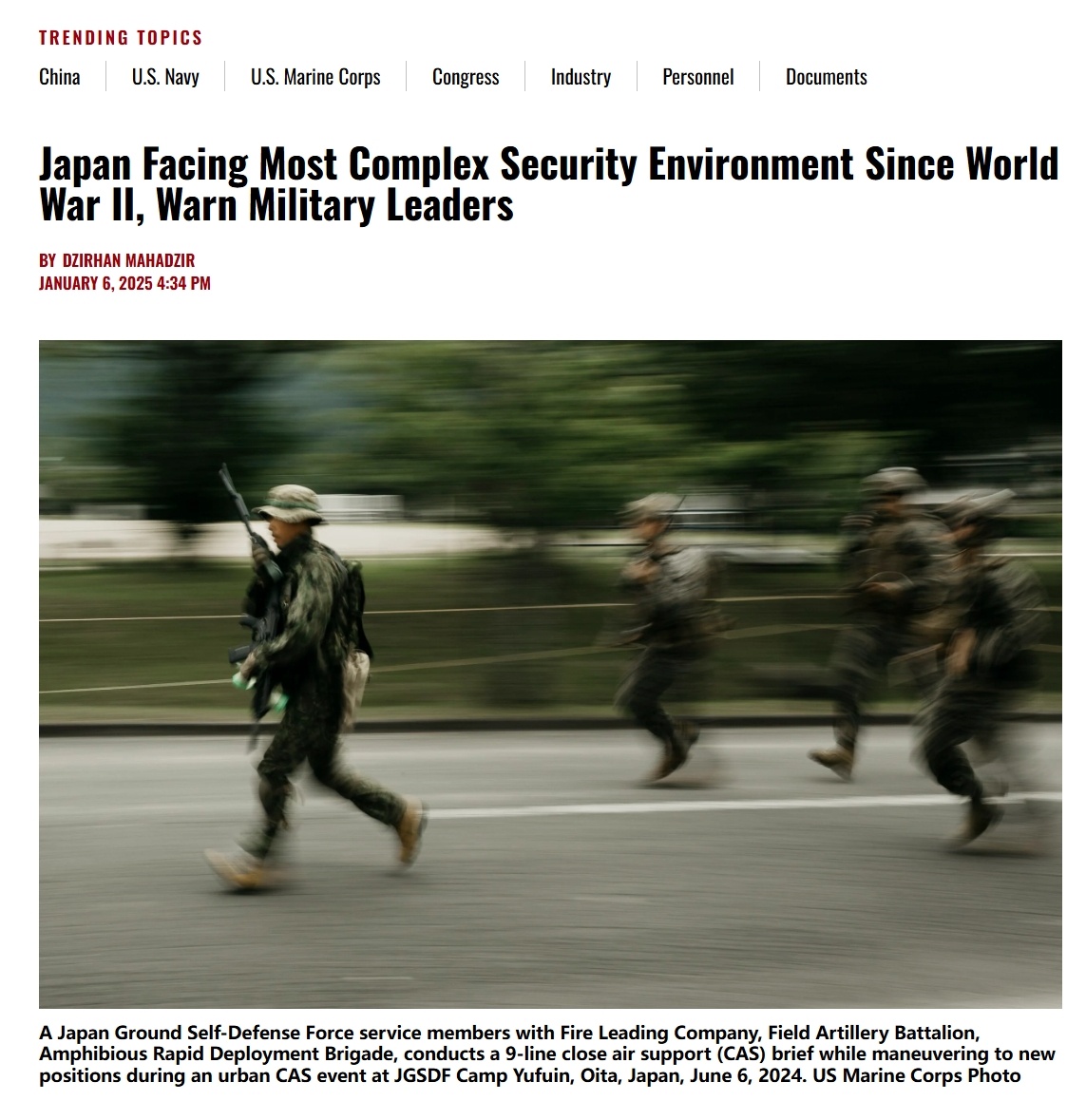 日本统合幕僚长吉田圭秀在2025年新年致辞中表示，“回顾过去的一年，不幸的是，国