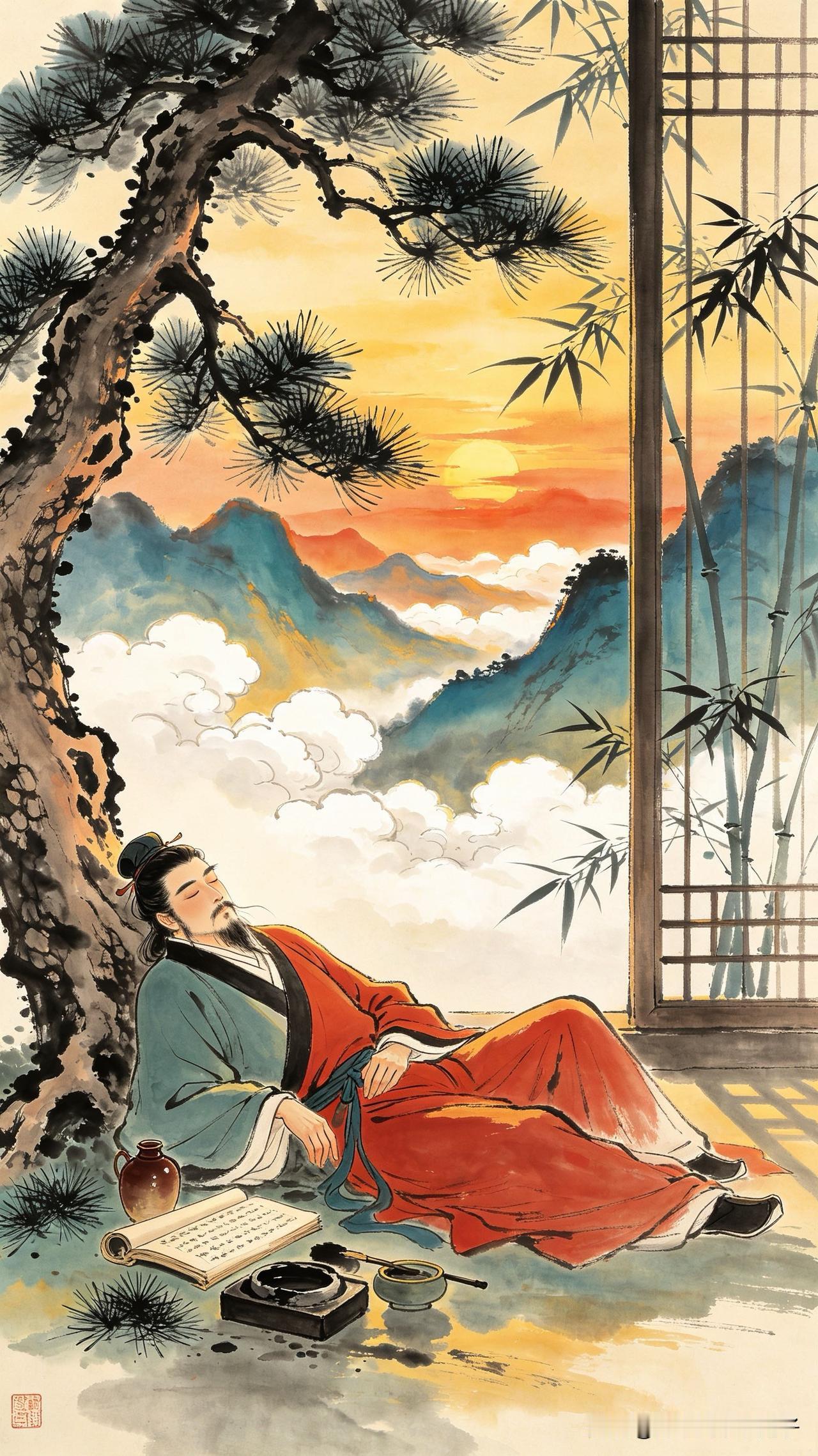 新诗题罢墨犹香，
竹影横窗劝酒忙。
醉倒松根呼不起，
      
…………请师