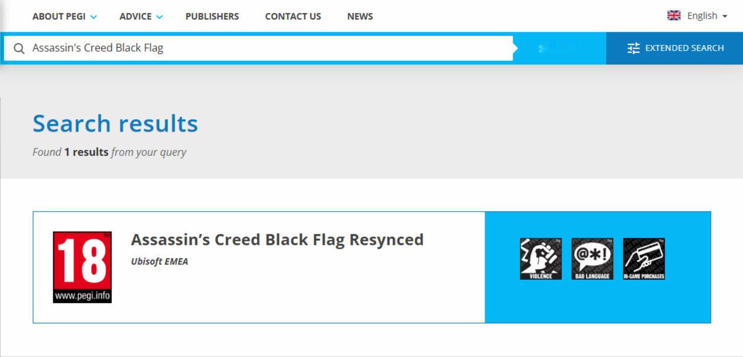 育碧动作冒险游戏《刺客信条：黑旗》重制版已在评级网站PEGI获得18+评级。刺客