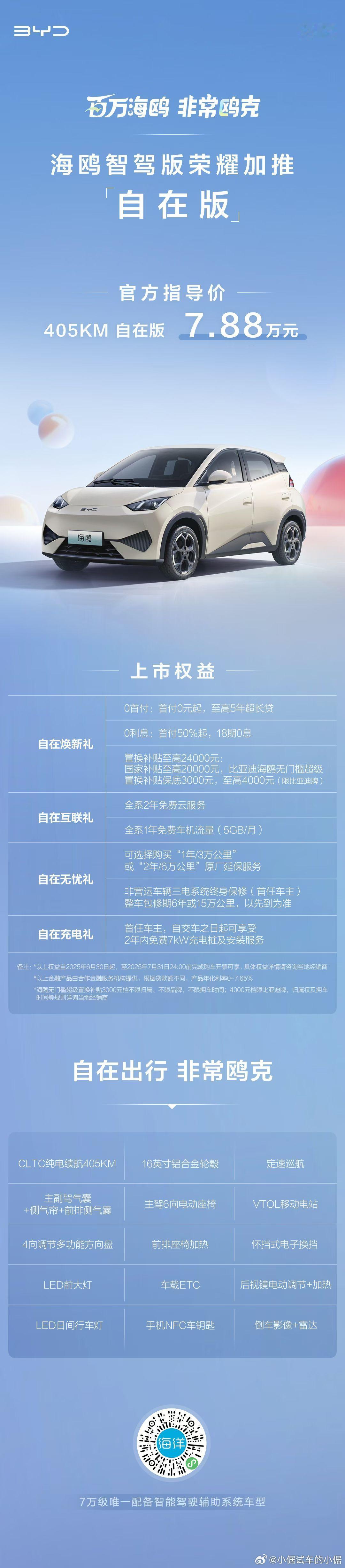 海鸥智驾版加推了一个405km自在版，售价7.88万元，7万级有400+公里续航