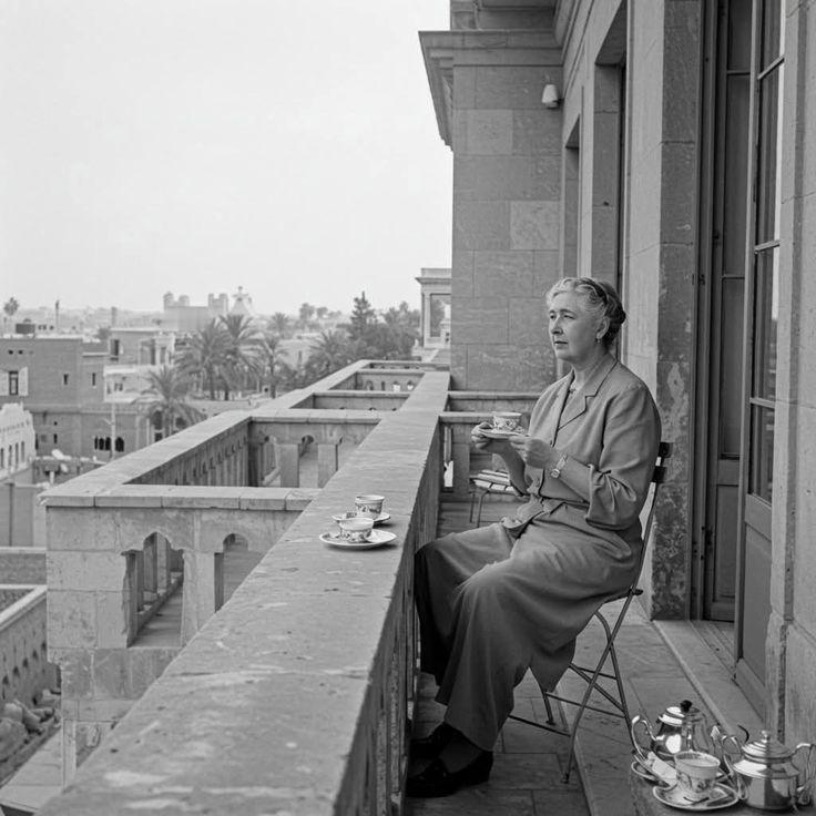 Agatha Christie enjoying tea on the balc