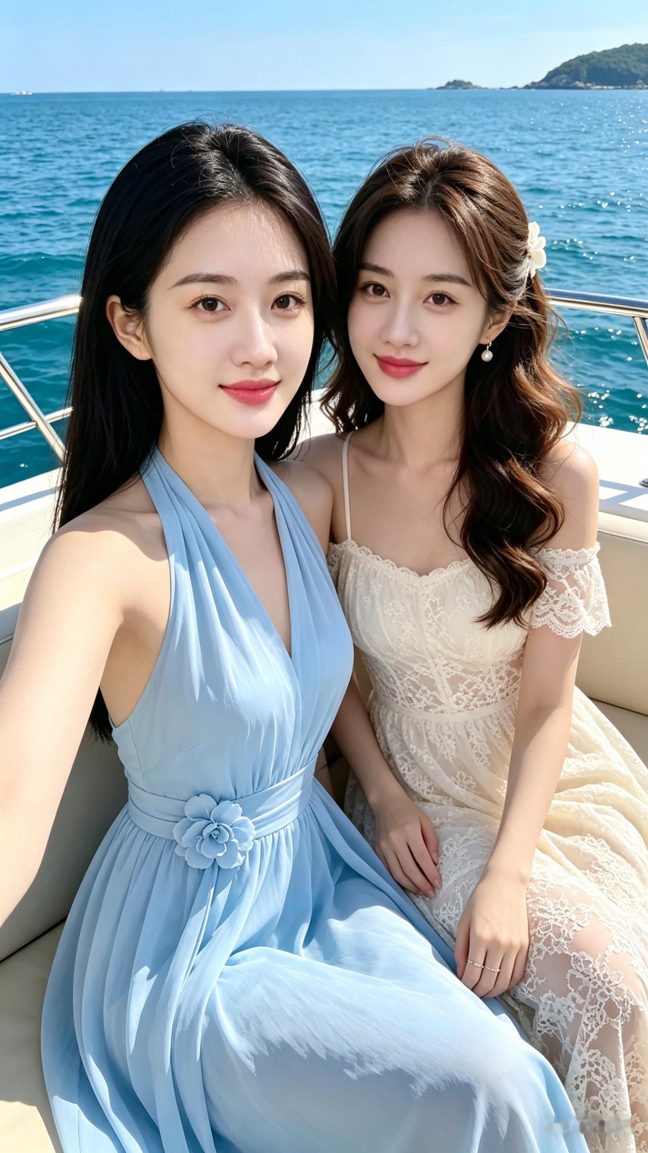 海边姐妹自拍，蓝白连衣裙，阳光明媚，快乐时光！🌊👯‍♀️💙
