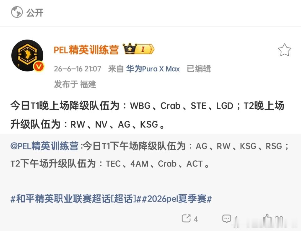 今日T1晚上场降级队伍为：WBG、Crab、STE、LGD；T2晚上场升级队伍为