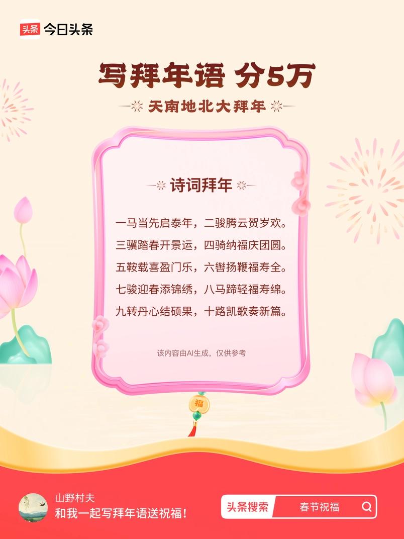 写拜年语送祝福新春拜年送祝福！我的祝福是：“一马当先启泰年，二骏腾云贺岁欢。三骥