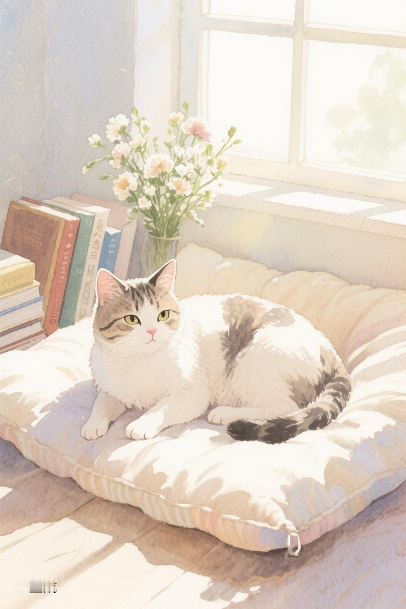 AI随心绘午后暖阳，猫咪慵懒躺于枕上，身旁是书与花，时光在此刻偷得半日闲。