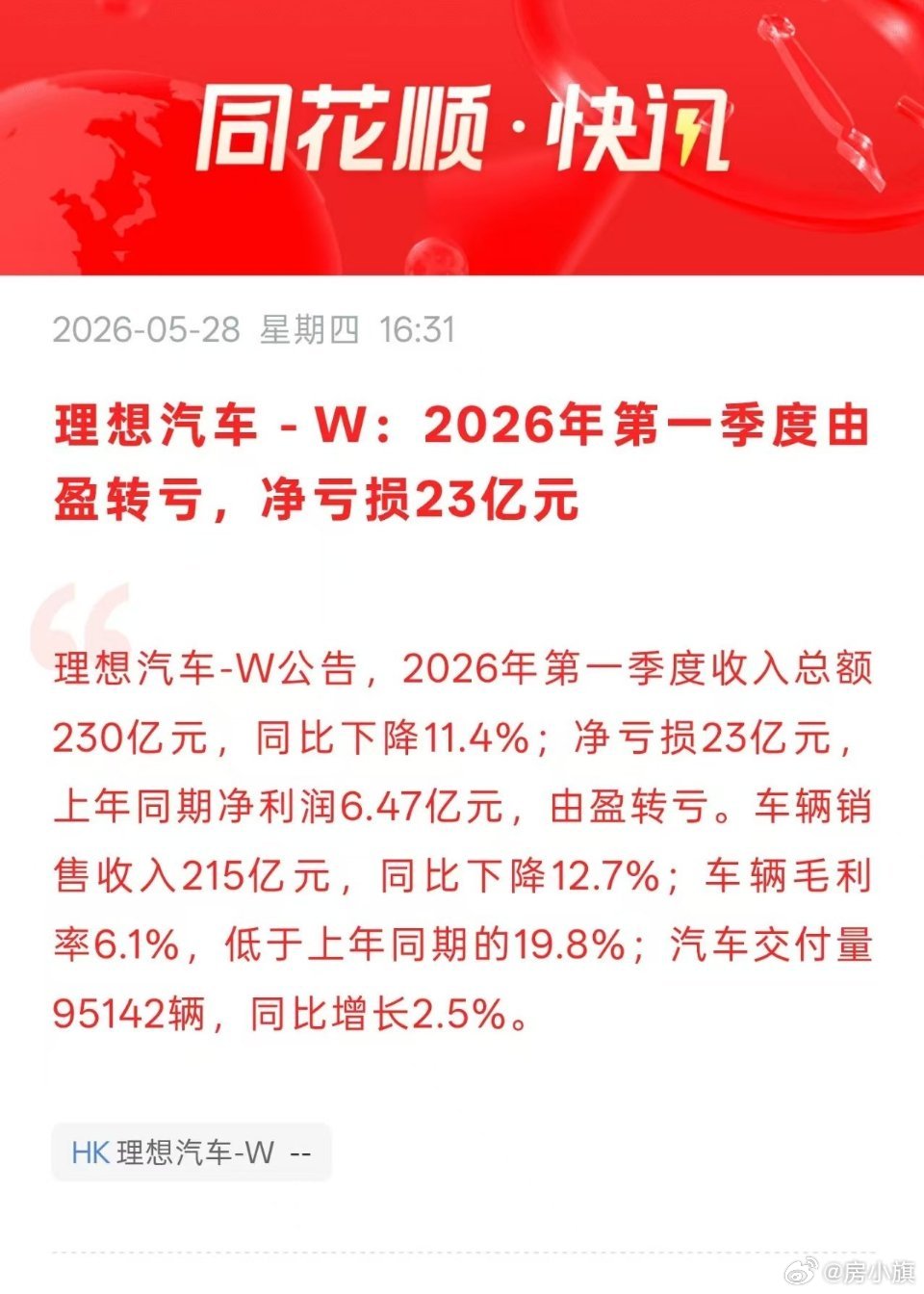 重磅！！！！理想汽车-W:2026年第一季度由盈转亏，净亏损23亿元 