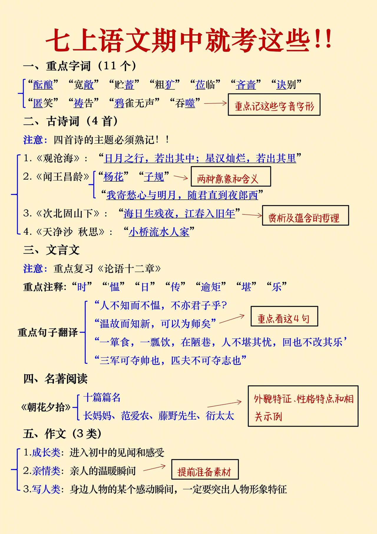 命中率95%，七上语文期中就考这些。