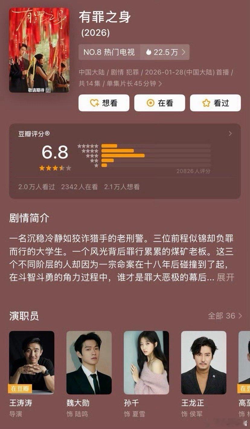 魏大勋孙千《有罪之身》豆瓣开分6.8，2W➕人评分 