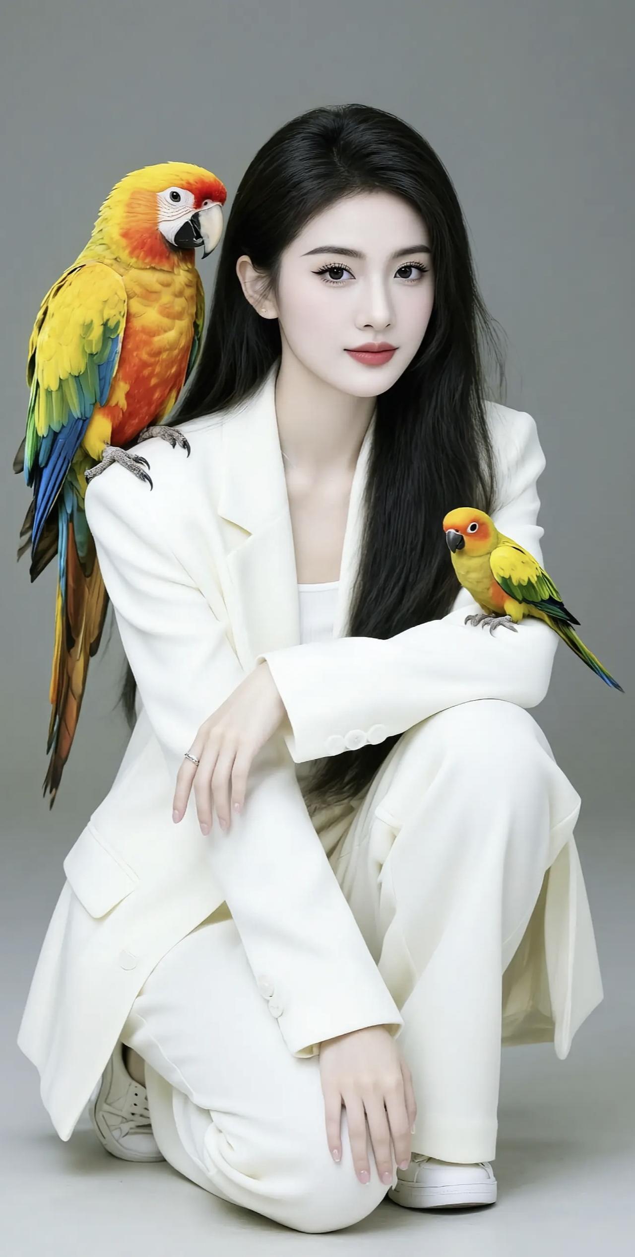 一位身穿米白色西服套装的美女和两只鹦鹉合影。