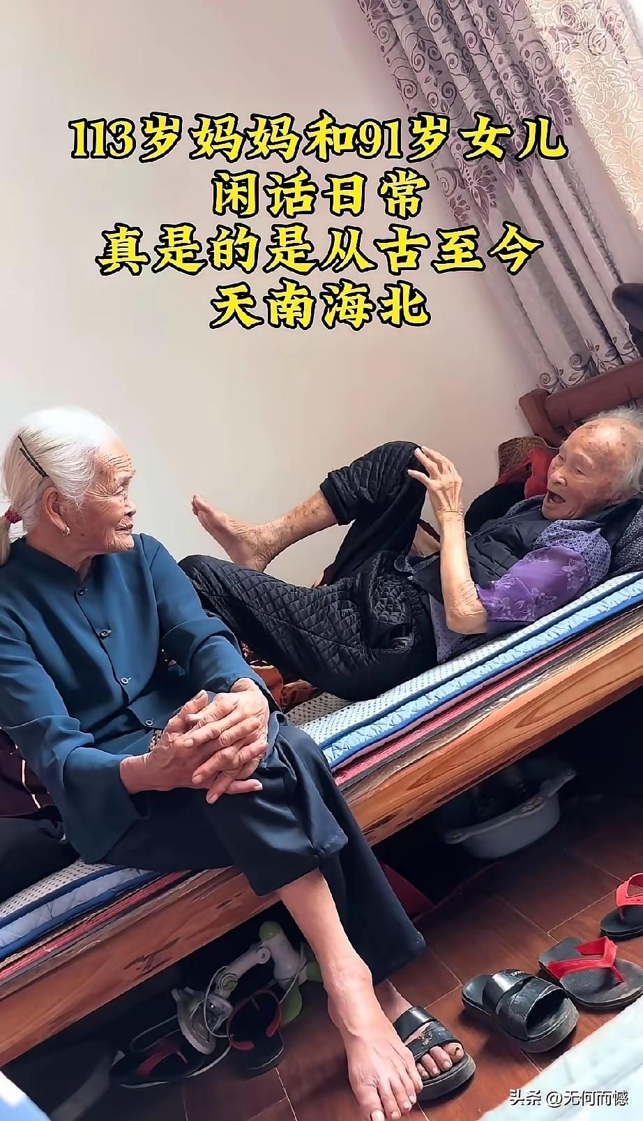 那张照片我盯着看了好久——床上的老奶奶，113岁，头发已经白透了，像冬天落了霜的