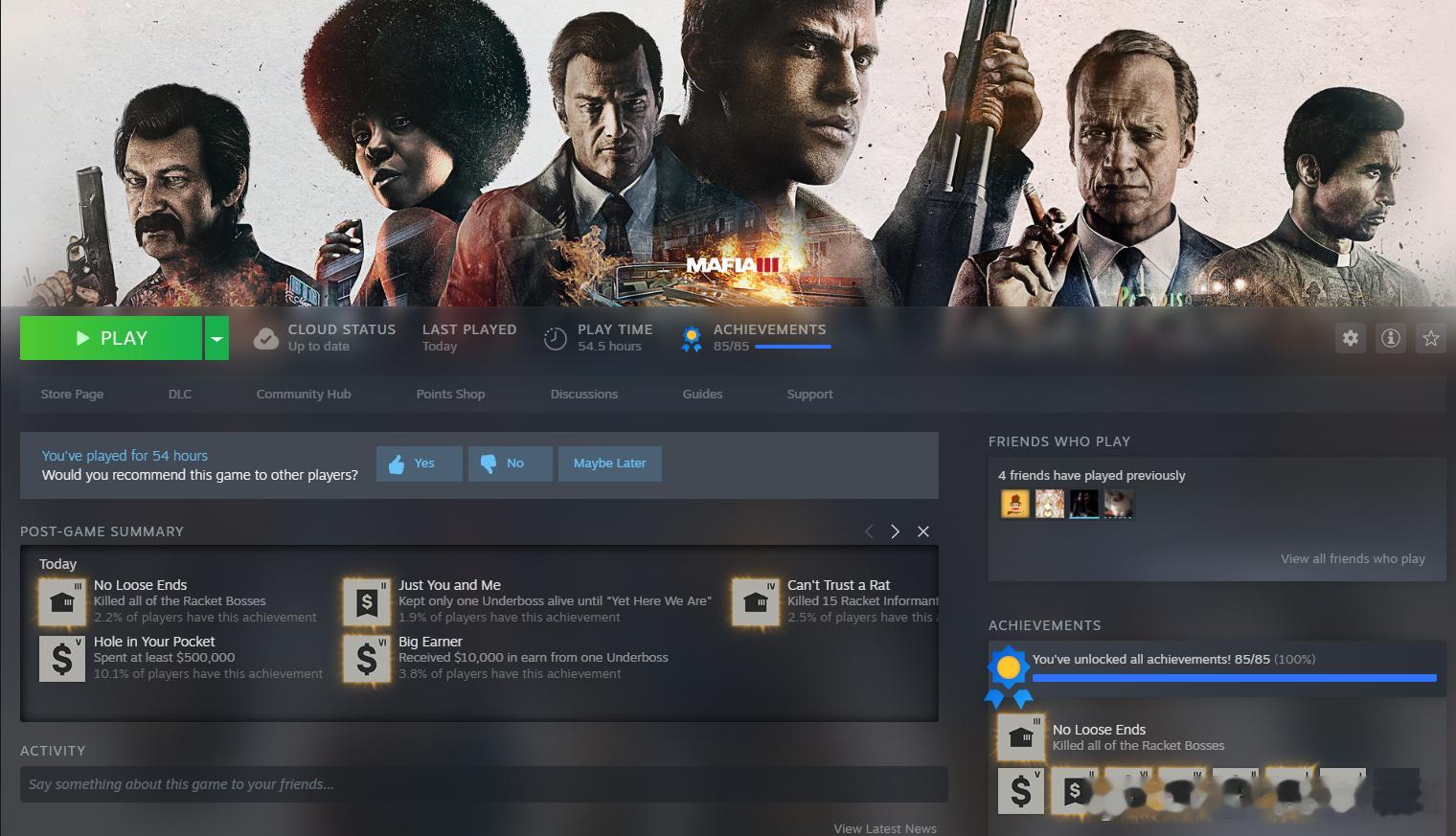 终于吧Mafia3全成就了，这游戏比我想象中好，如果打分的话，8分吧.游戏最大的