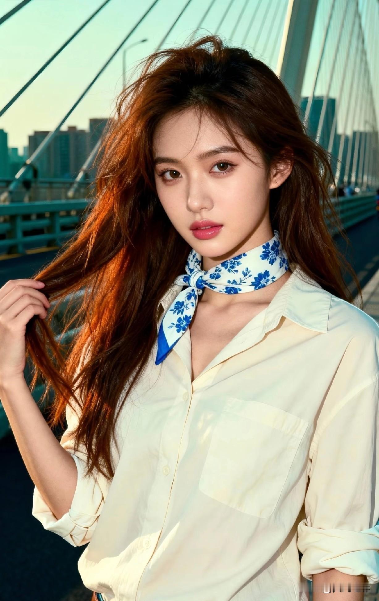 光之影
桥上美人倚，风中发如丝。
粉裳倚秋韵