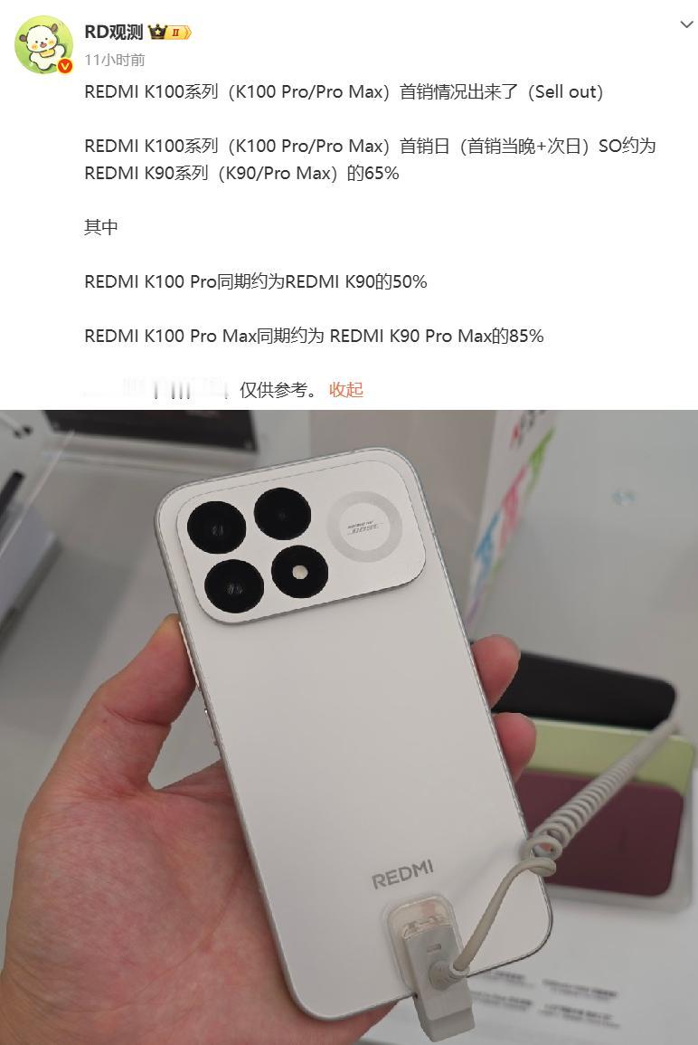 红米K100 Pro系列首销数据出炉，和卢总公布的官方数据大不相同。
第三方博主