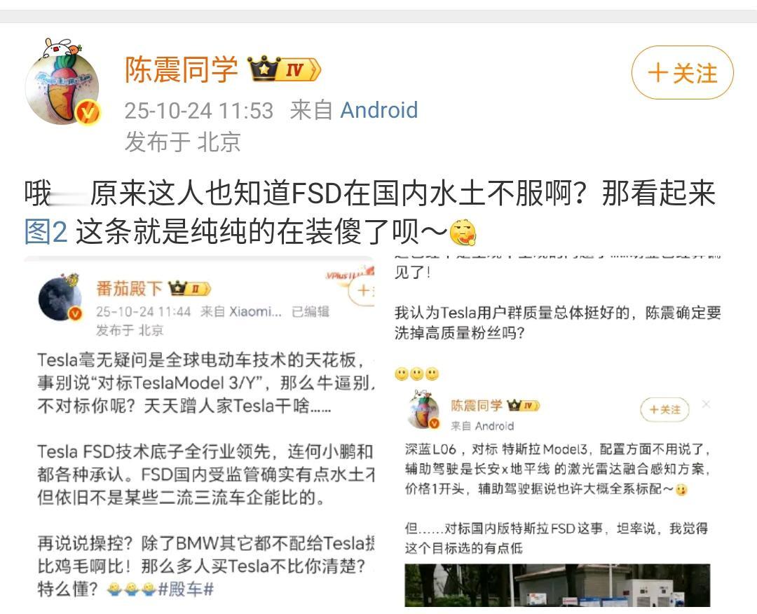 陈震：哦……原来这人也知道FSD在国内水土不服啊？那看起来图2这条就是纯纯的在装