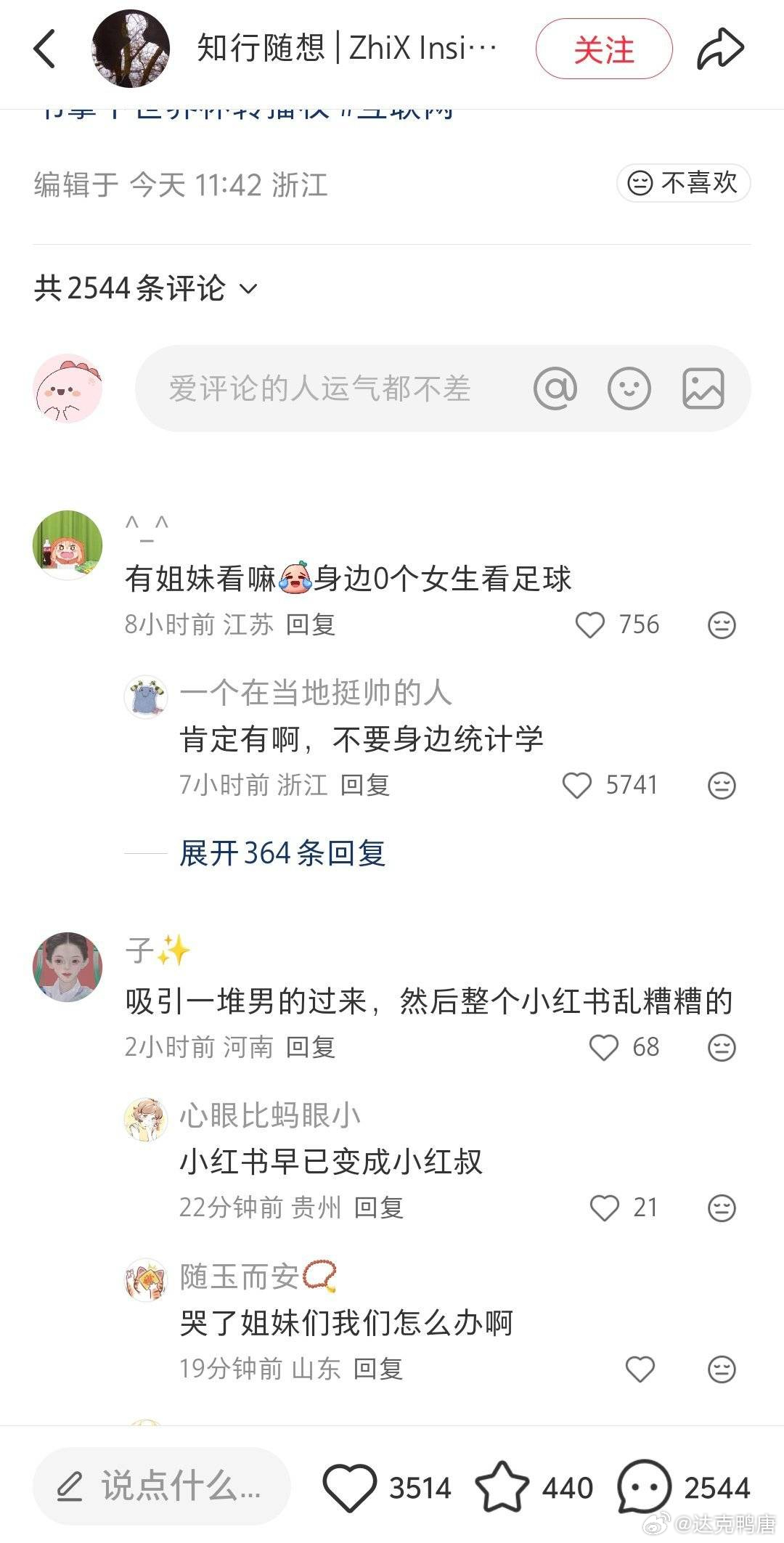 小红书的姐妹们好像真的认为买了世界杯版权，大家都会吭哧吭哧冲到小红书急头白脸的看