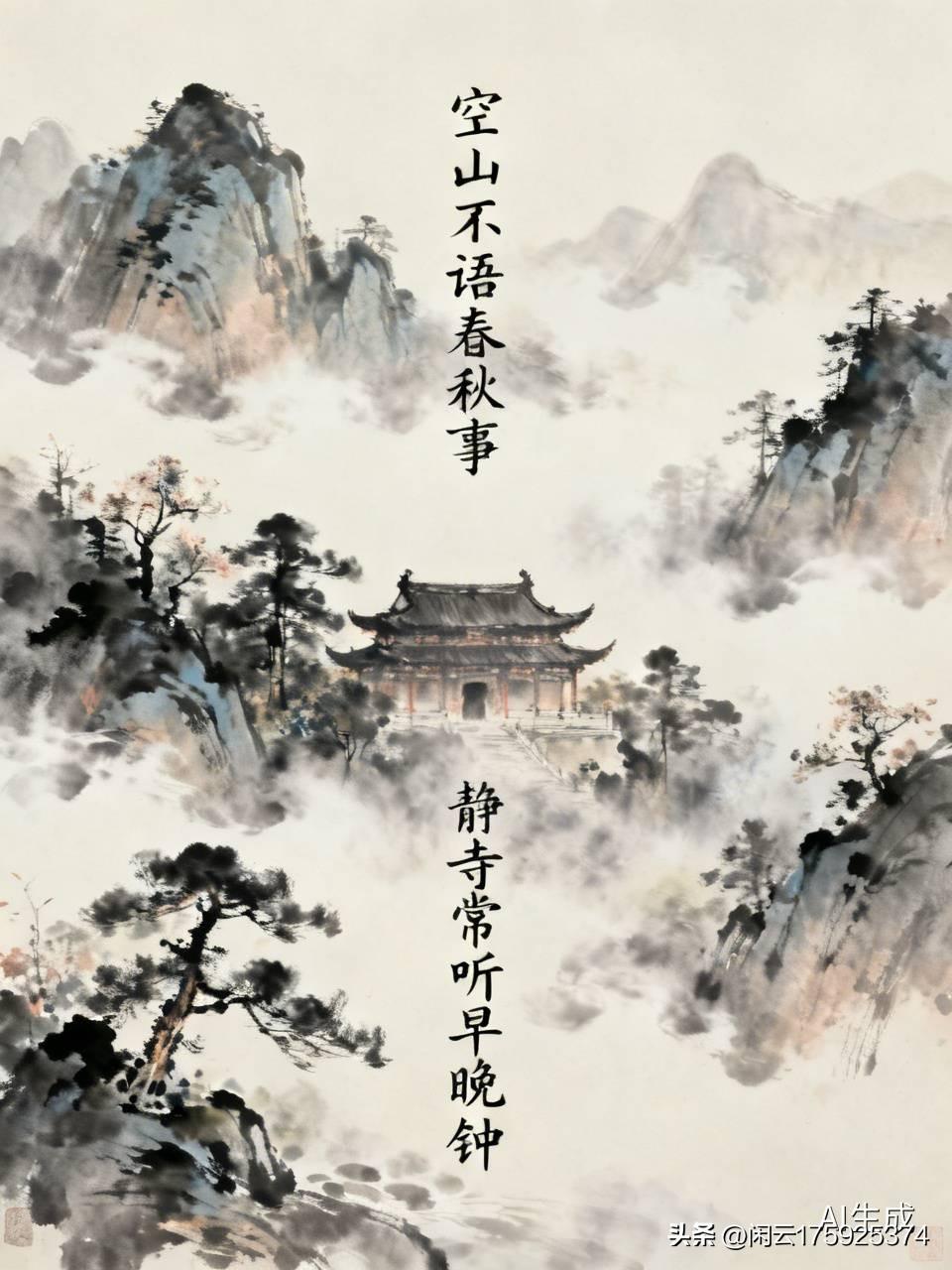 上联：空山不语春秋事，下联才友请，静寺常听早晚钟。