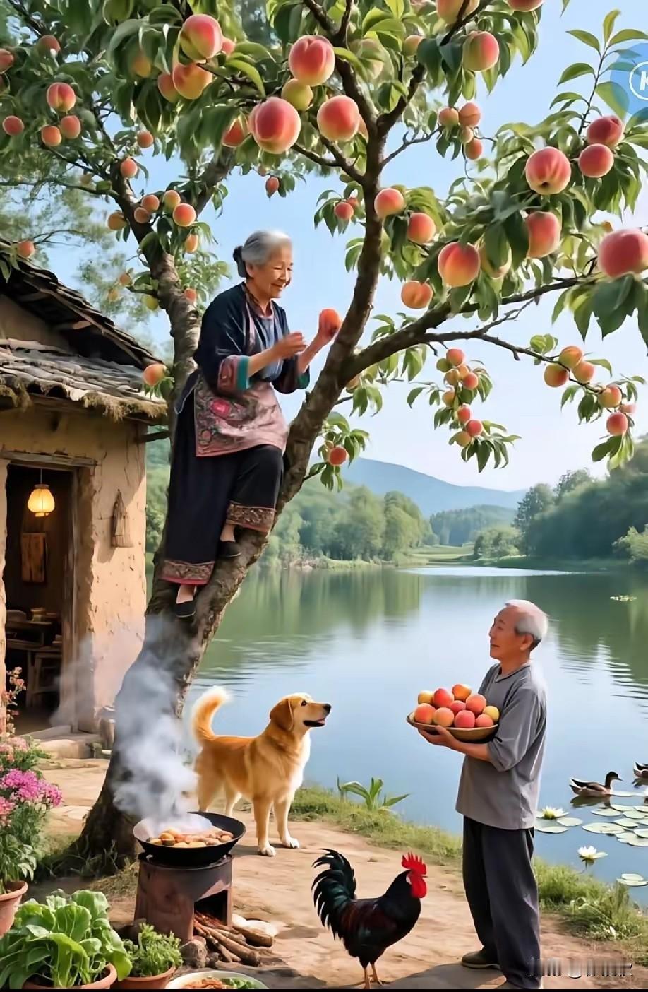 ​上联:   满树红桃垂硕果
下联:   两位老人喜开怀